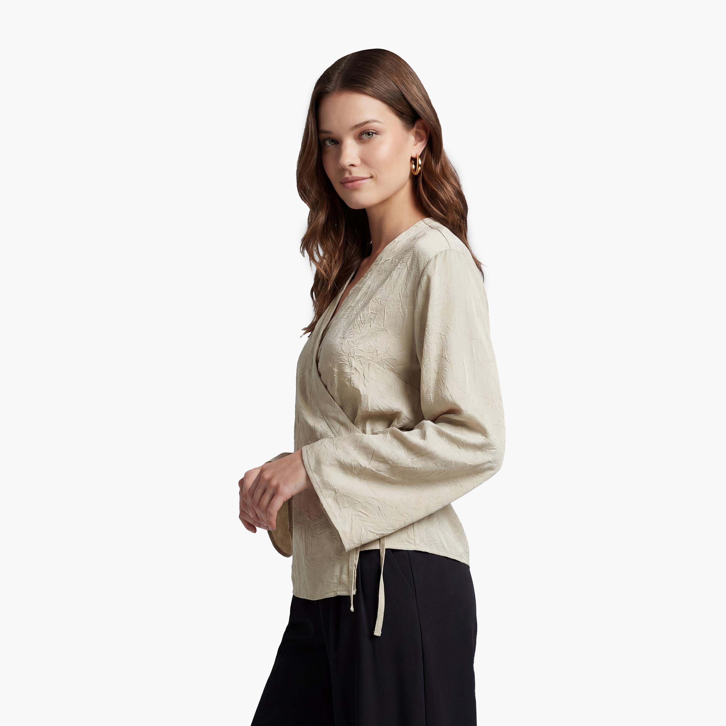 كيمونو نسائي من قماش مجعد بفتحة رقبة متقاطعة بلون أخضر من كوتون-women-clothing-shirtsandblouses-blouses-image-3