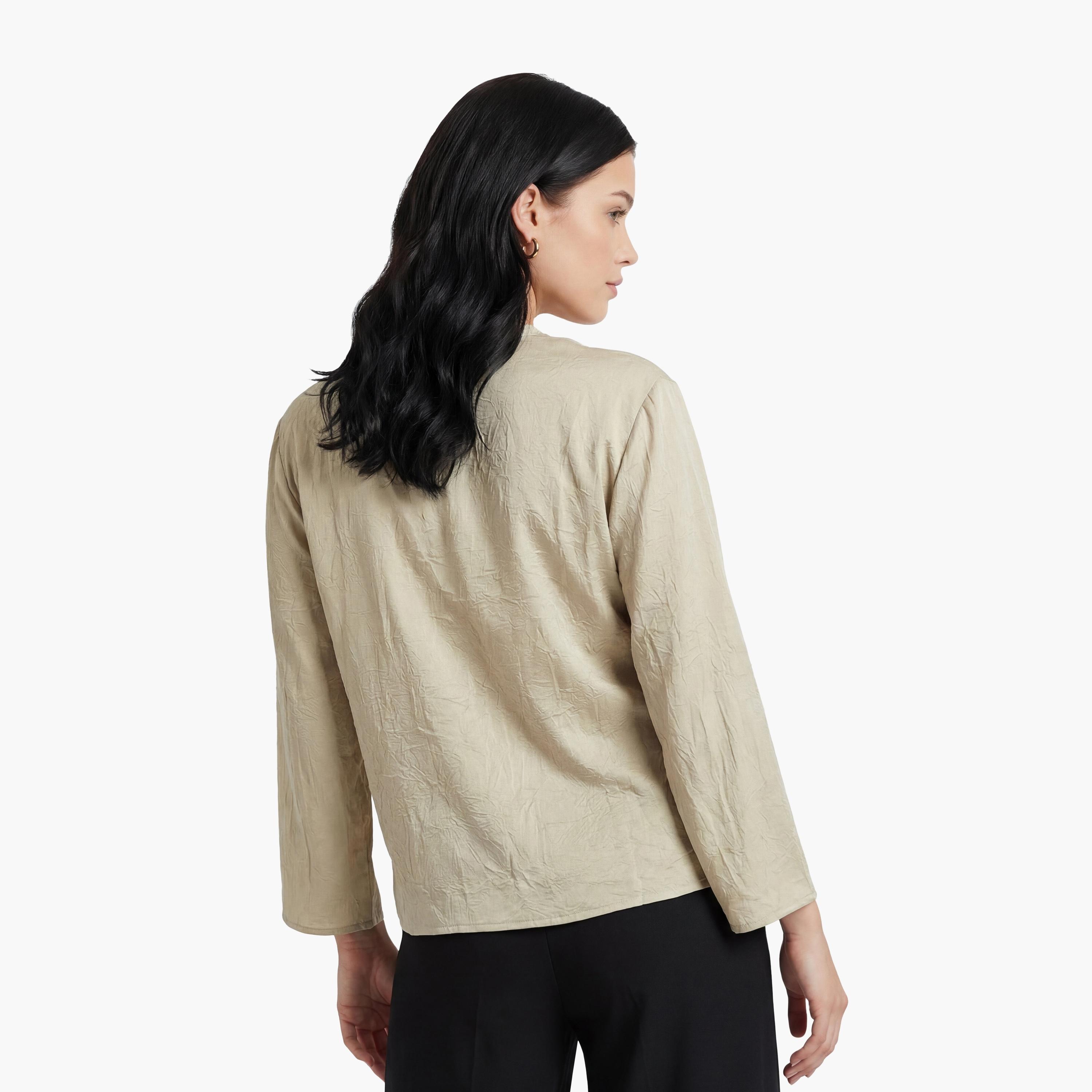 كيمونو نسائي من قماش مجعد بفتحة رقبة متقاطعة بلون أخضر من كوتون-women-clothing-shirtsandblouses-blouses-image-4