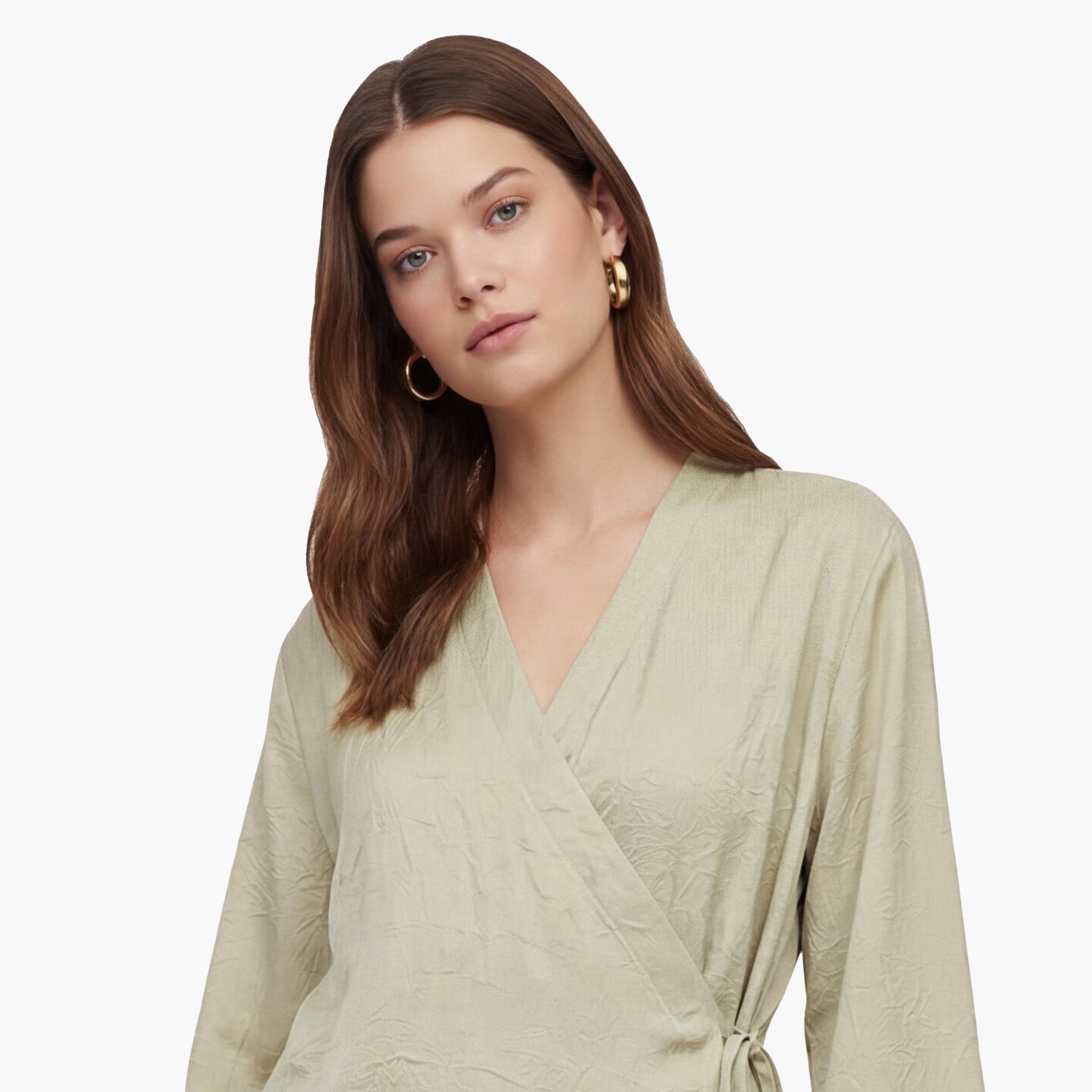 كيمونو نسائي من قماش مجعد بفتحة رقبة متقاطعة بلون أخضر من كوتون-women-clothing-shirtsandblouses-blouses-image-5