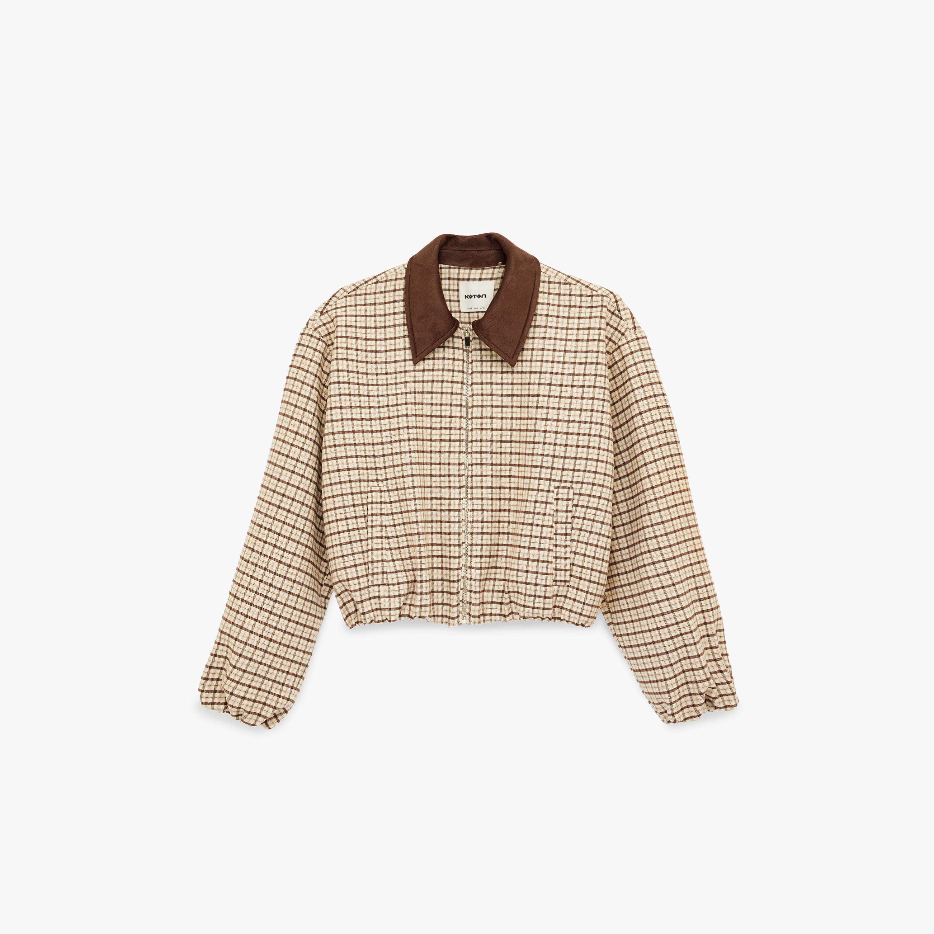 KOTON Brown Checked Collared Women's Jacket-women-winterwear-coatsandjackets-jackets-image-3