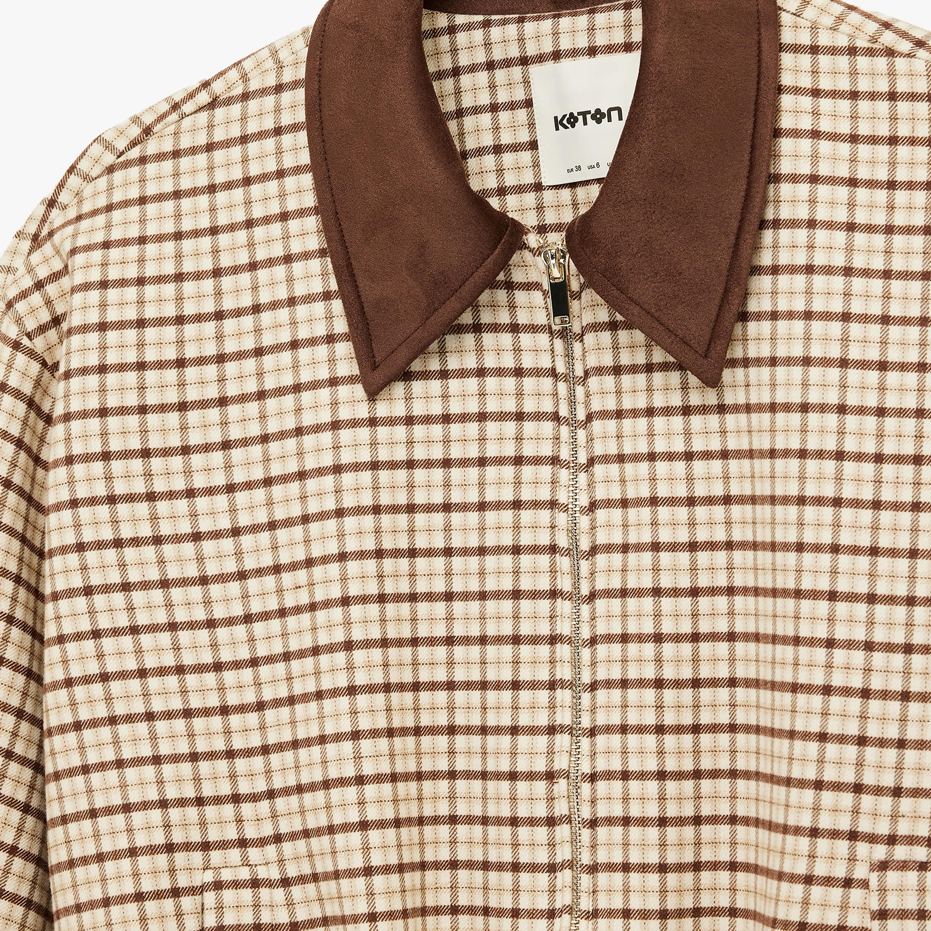 KOTON Brown Checked Collared Women's Jacket-women-winterwear-coatsandjackets-jackets-image-5