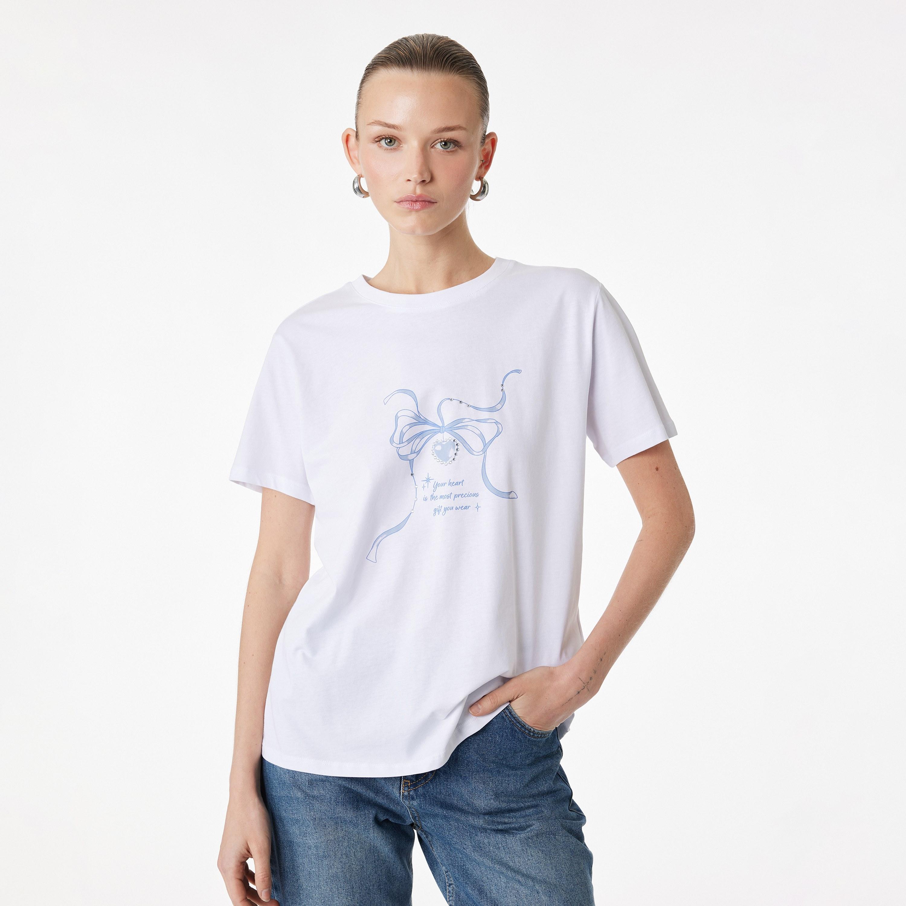 KOTON White Graphic Bow Cotton Women's T-Shirt-women-clothing-tshirts-image-1