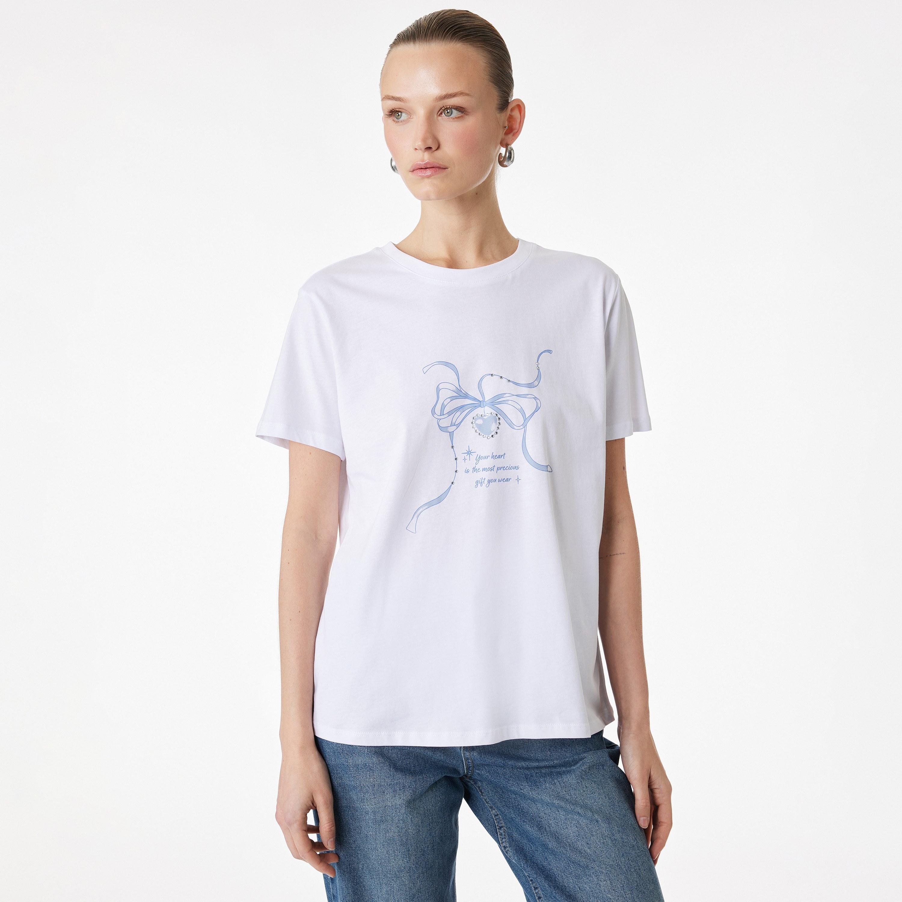 KOTON White Graphic Bow Cotton Women's T-Shirt-women-clothing-tshirts-image-2