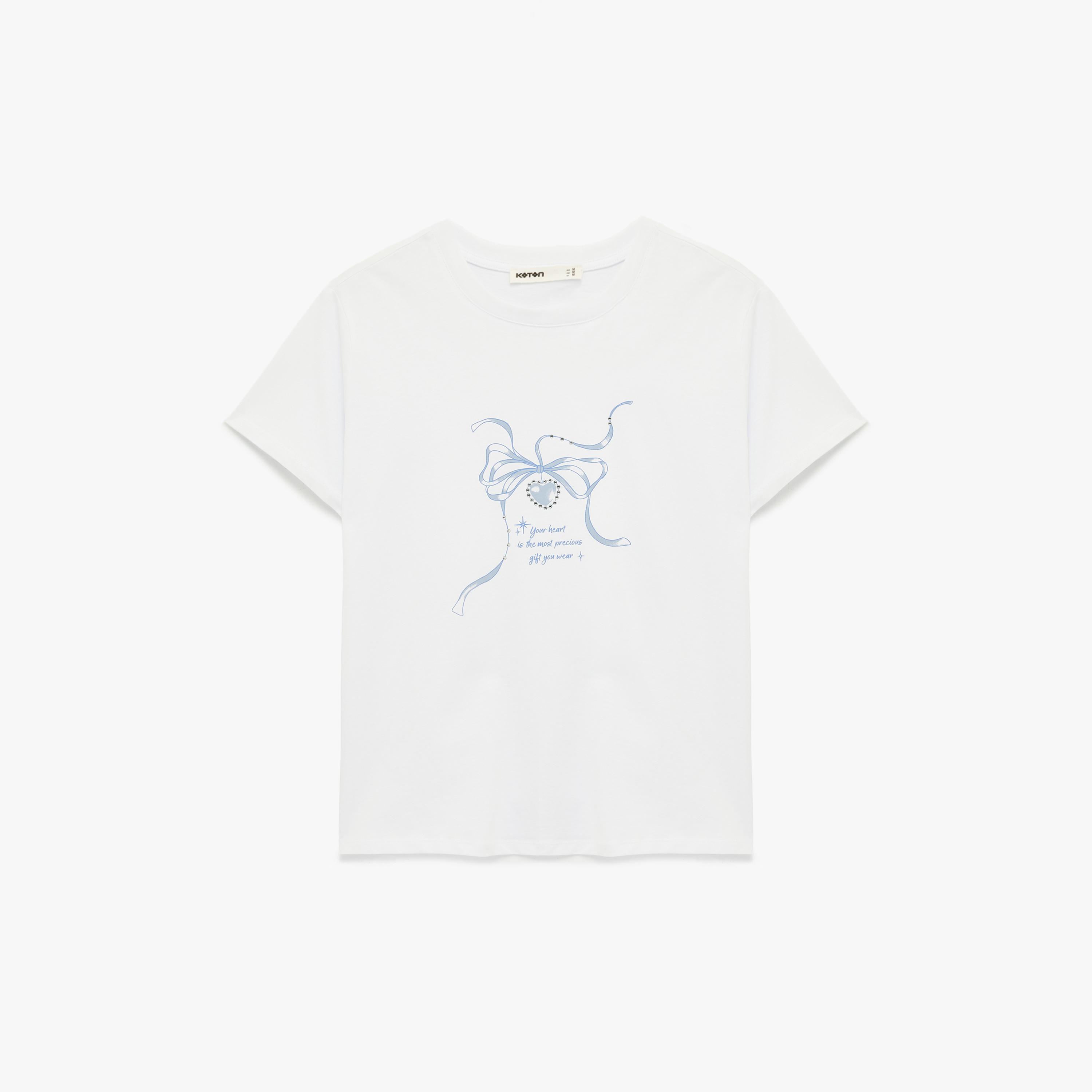 KOTON White Graphic Bow Cotton Women's T-Shirt-women-clothing-tshirts-image-3