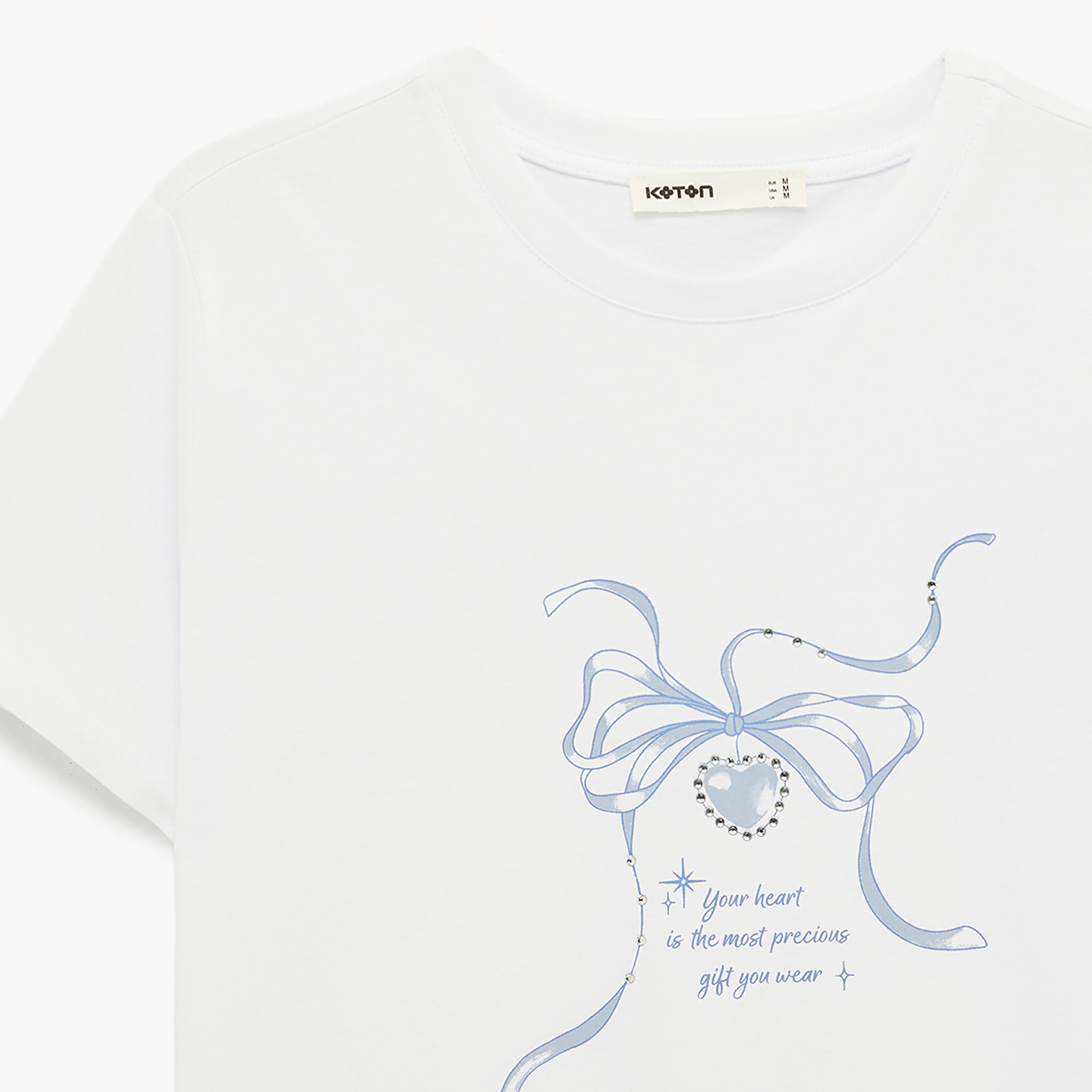 KOTON White Graphic Bow Cotton Women's T-Shirt-women-clothing-tshirts-image-5
