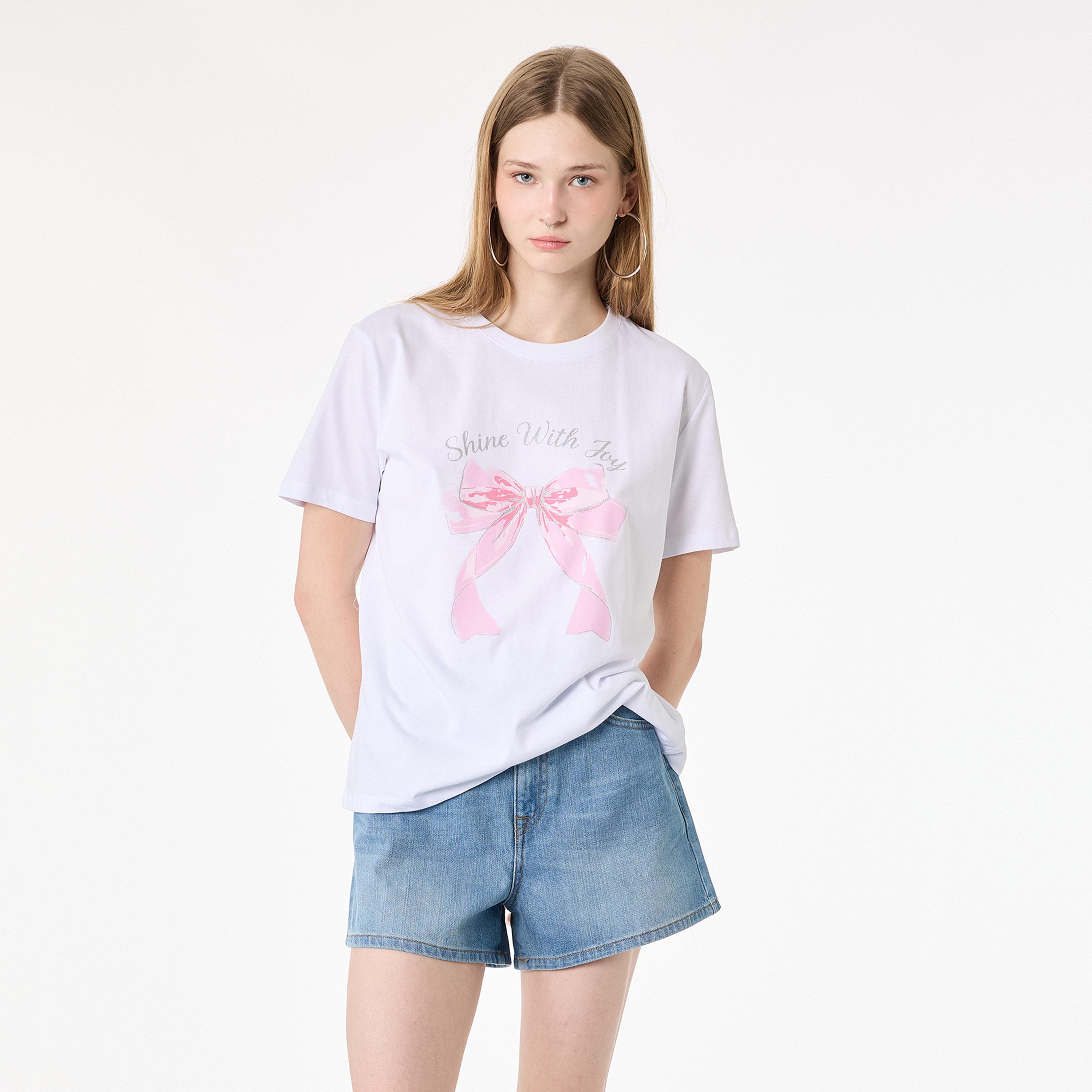 KOTON White Graphic Bow Cotton Women's T-Shirt-women-clothing-tshirts-image-1