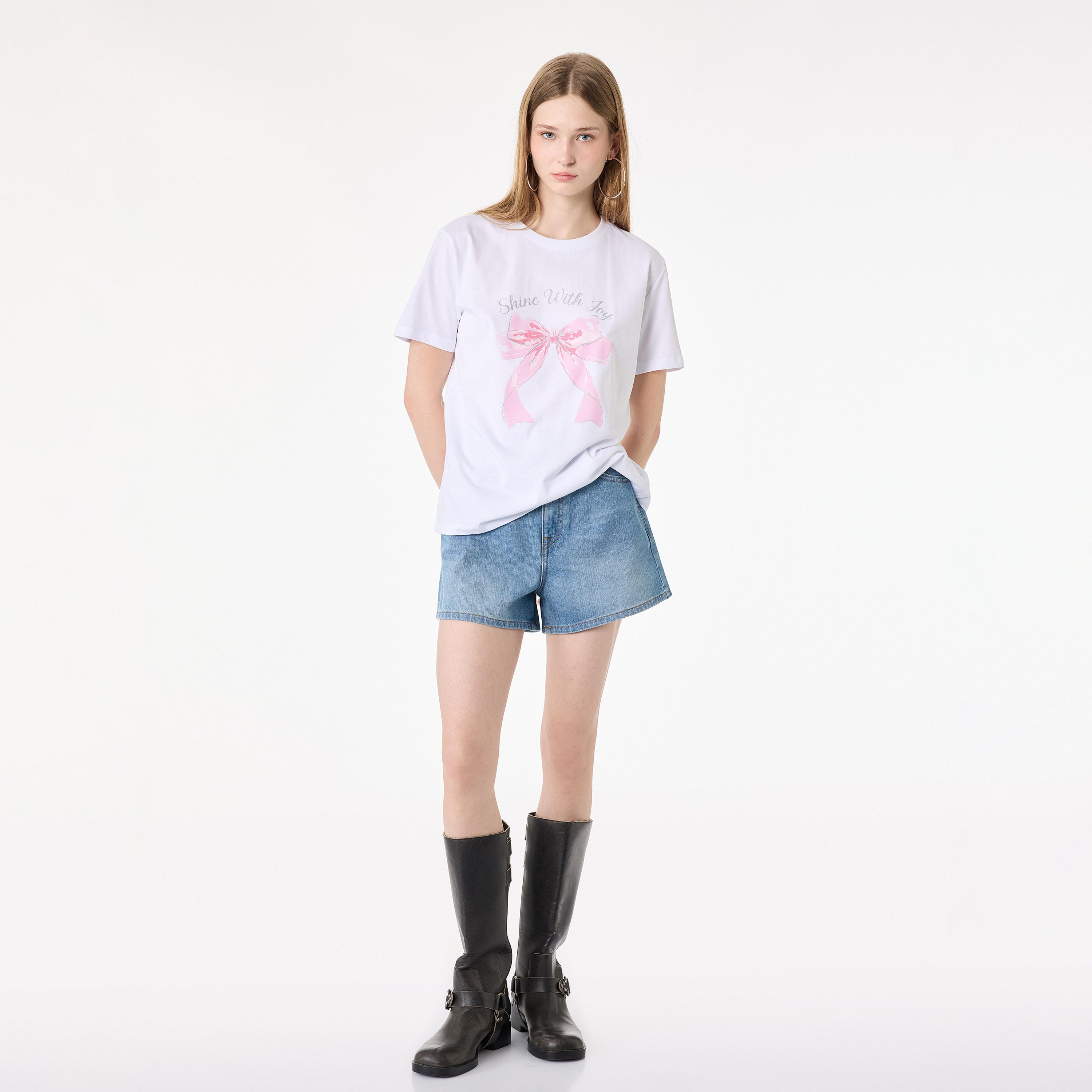 KOTON White Graphic Bow Cotton Women's T-Shirt-women-clothing-tshirts-image-2