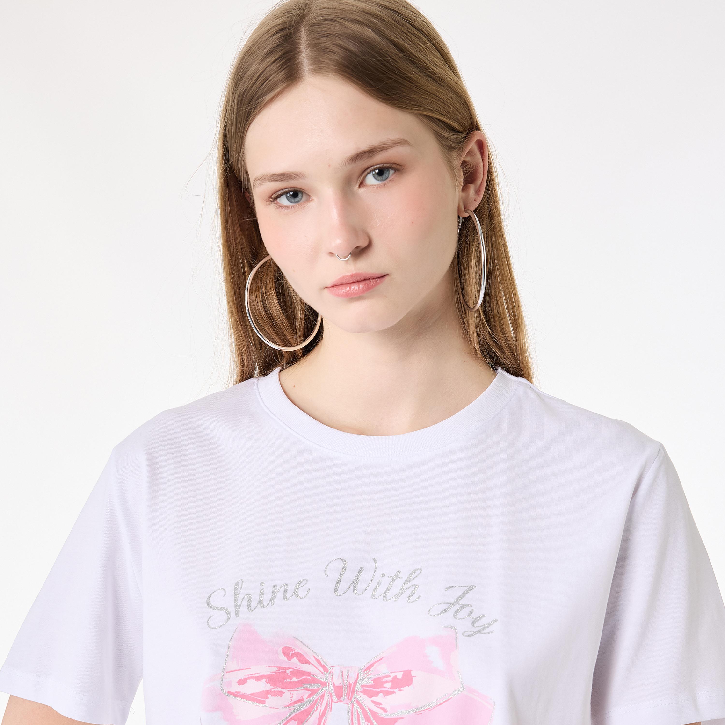 KOTON White Graphic Bow Cotton Women's T-Shirt-women-clothing-tshirts-image-3