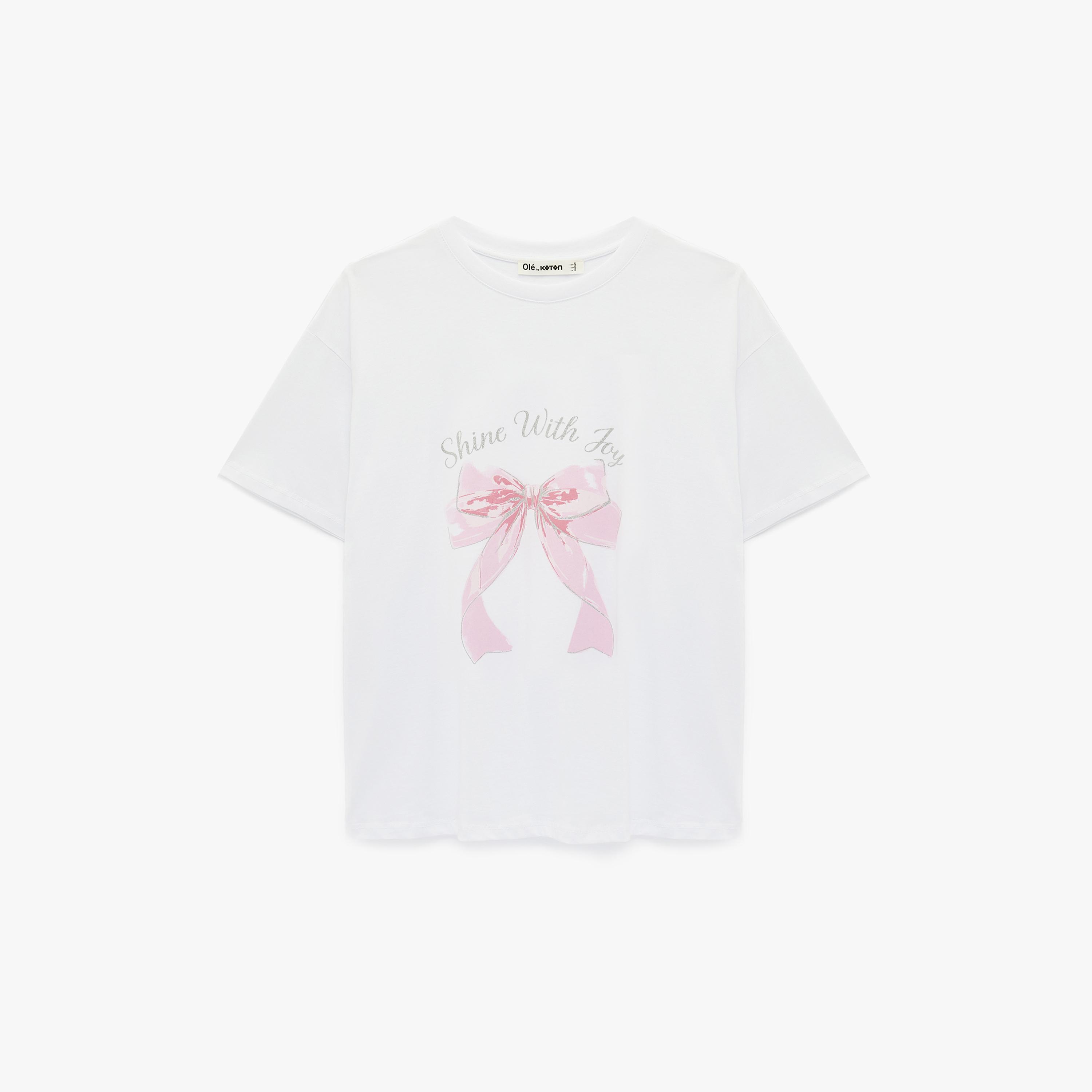 KOTON White Graphic Bow Cotton Women's T-Shirt-women-clothing-tshirts-image-4