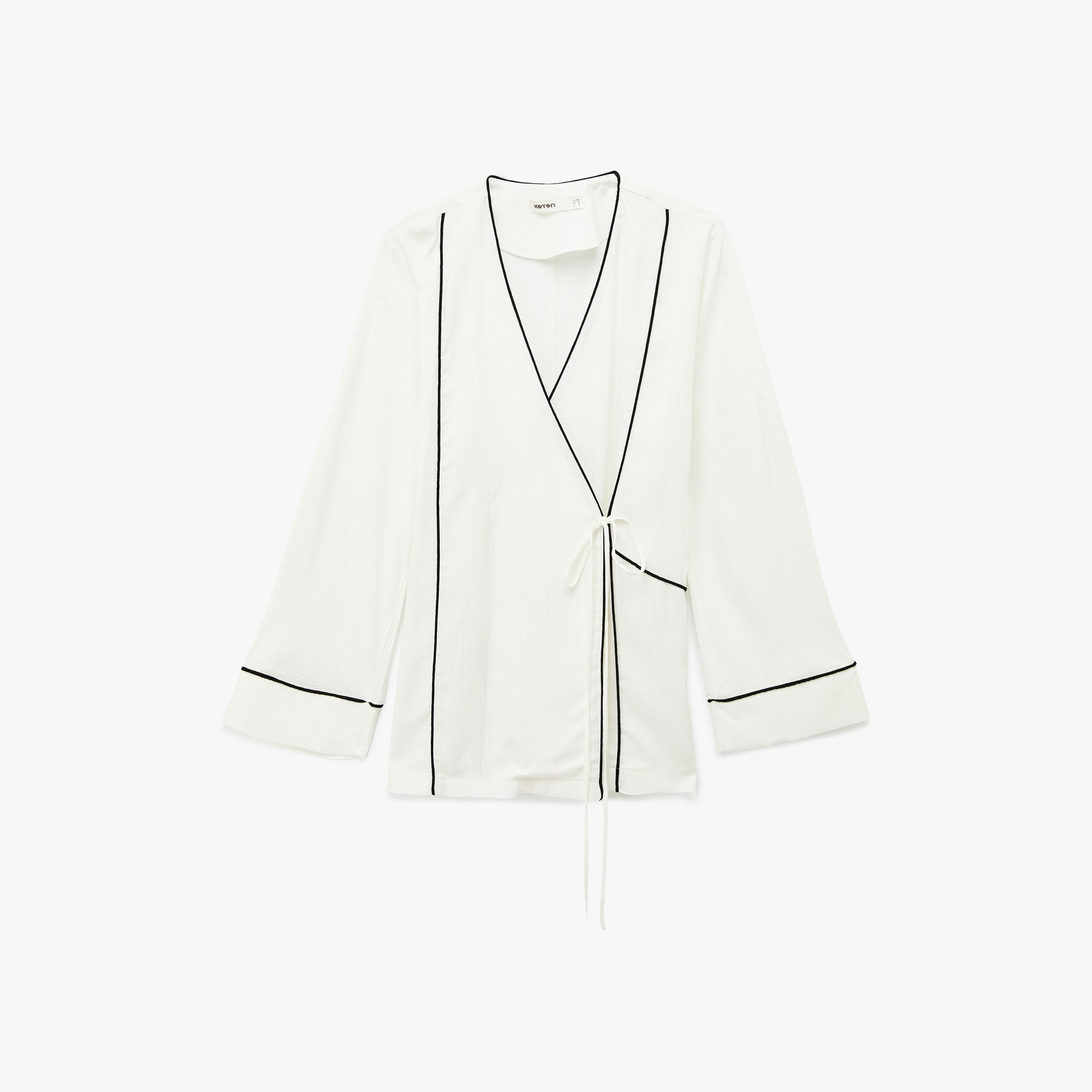 KOTON White Piping Detailed Surplice Neck Women's Kimono-women-clothing-shirtsandblouses-blouses-image-4