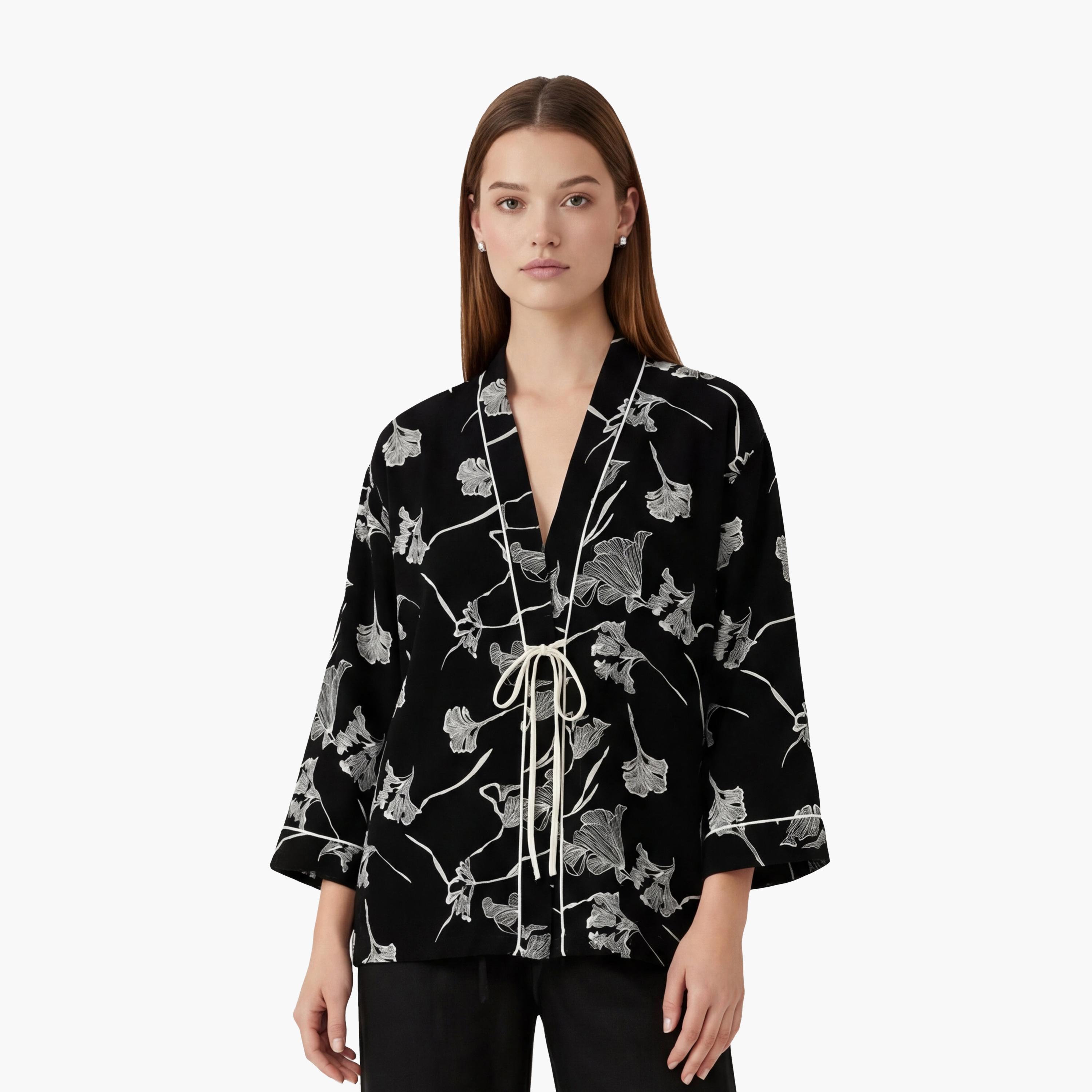 KOTON Black Floral Print Shawl Neck Women's Kimono-women-clothing-shirtsandblouses-blouses-image-1