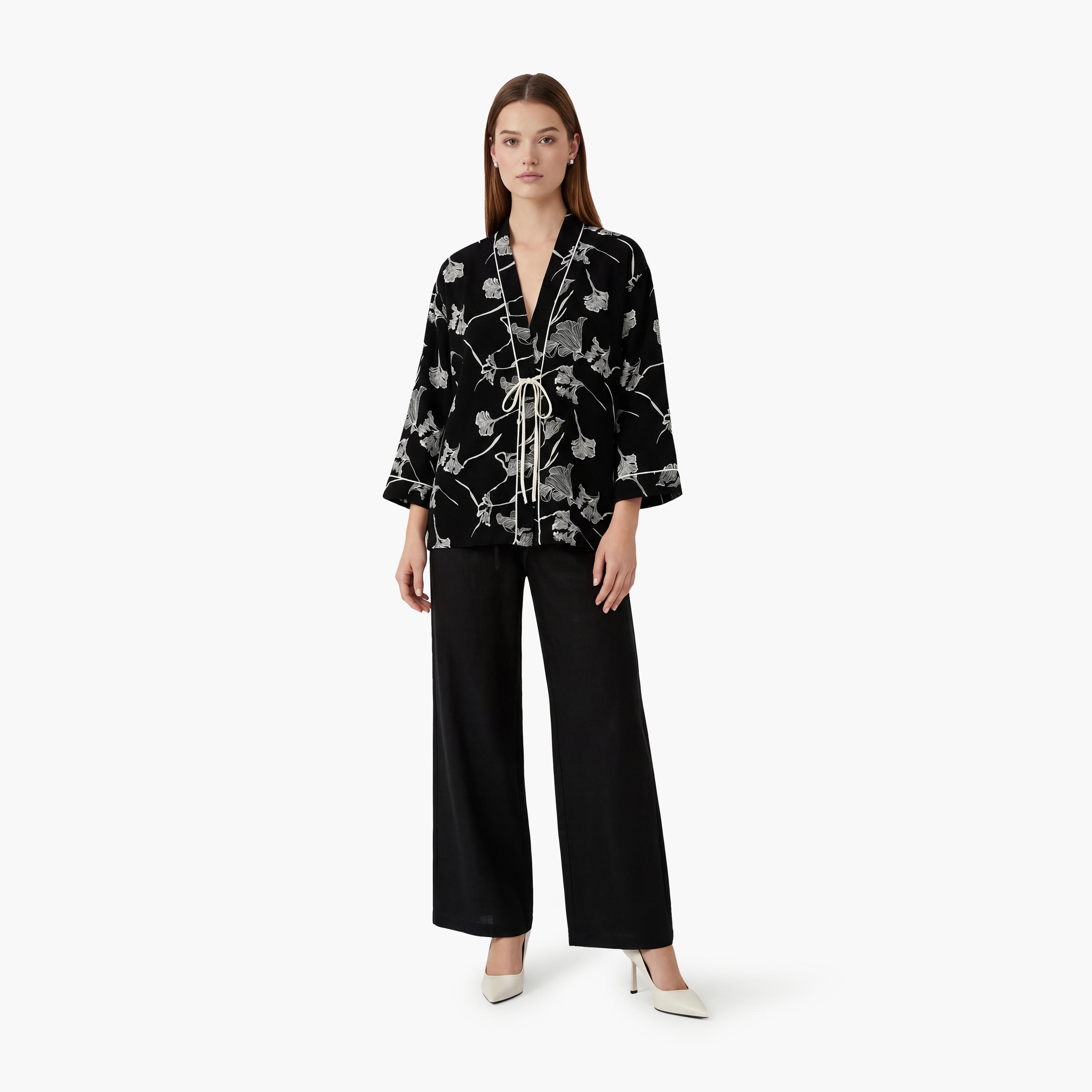 KOTON Black Floral Print Shawl Neck Women's Kimono-women-clothing-shirtsandblouses-blouses-image-2
