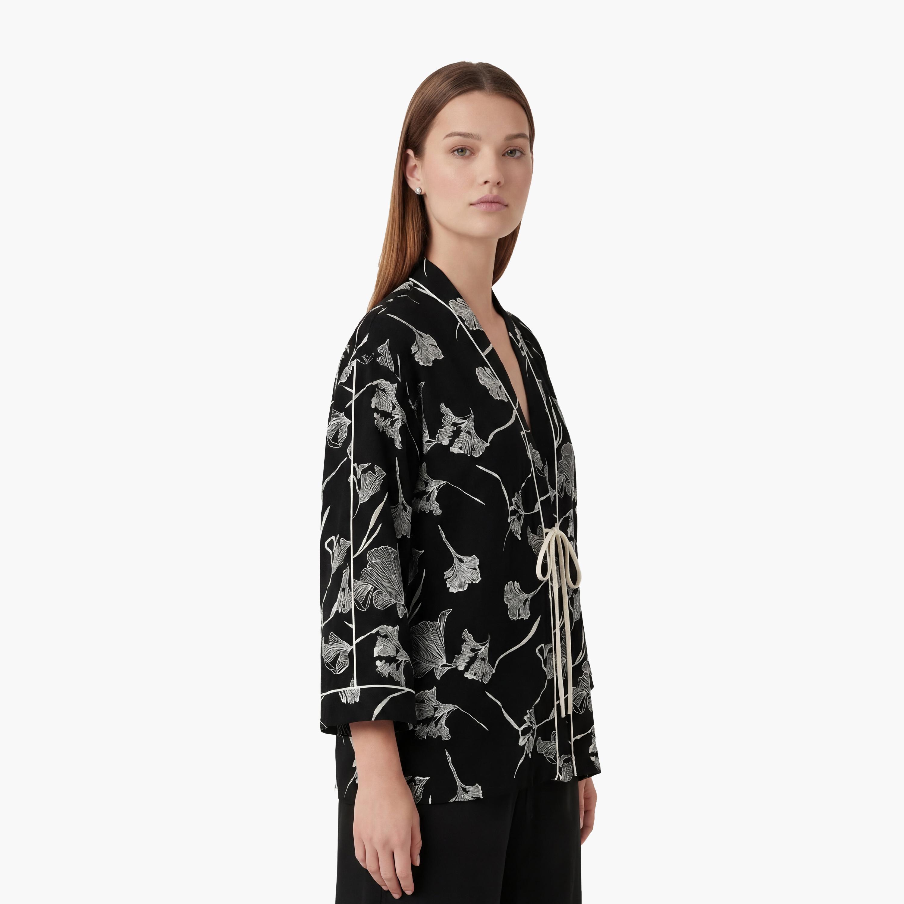 KOTON Black Floral Print Shawl Neck Women's Kimono-women-clothing-shirtsandblouses-blouses-image-3