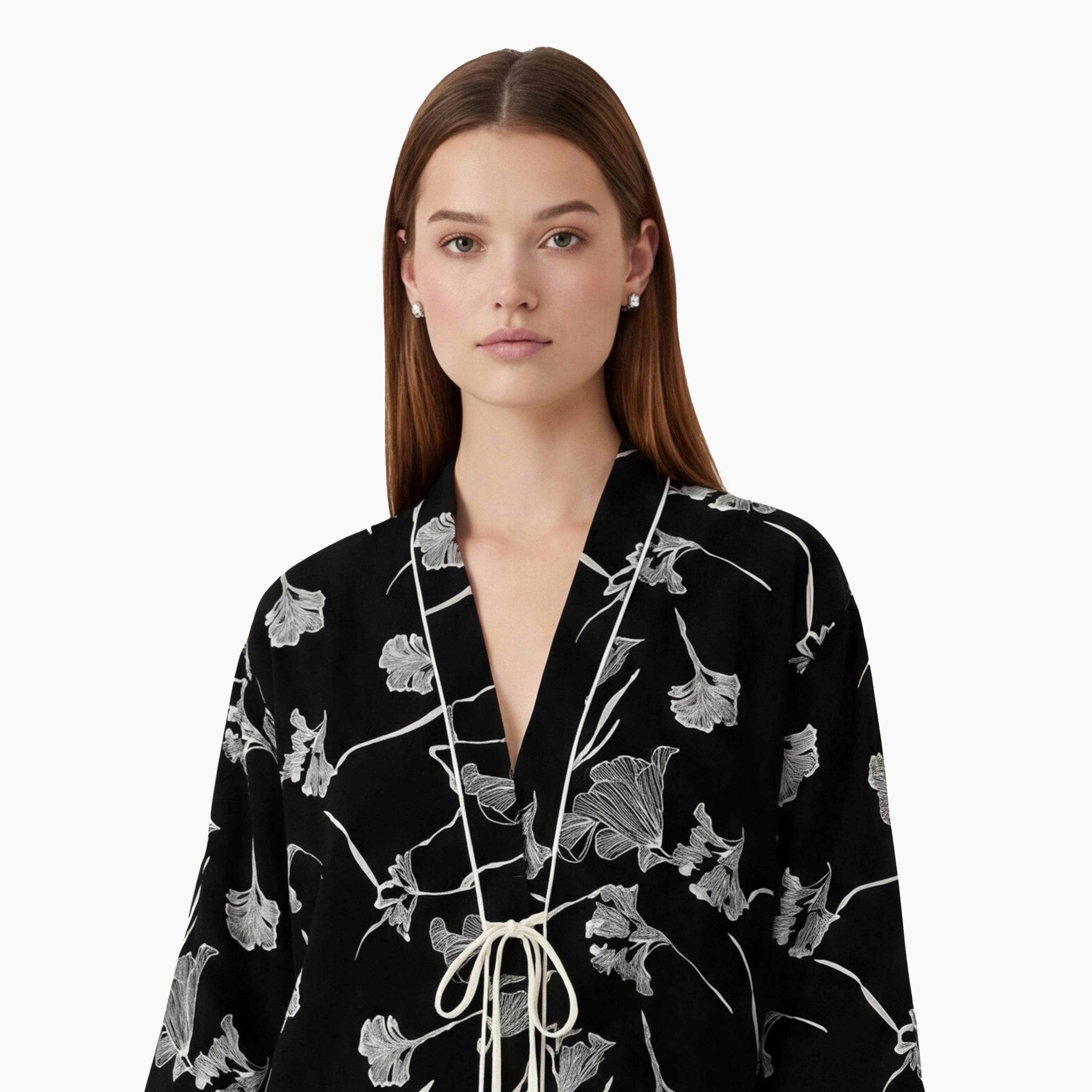 KOTON Black Floral Print Shawl Neck Women's Kimono-women-clothing-shirtsandblouses-blouses-image-5