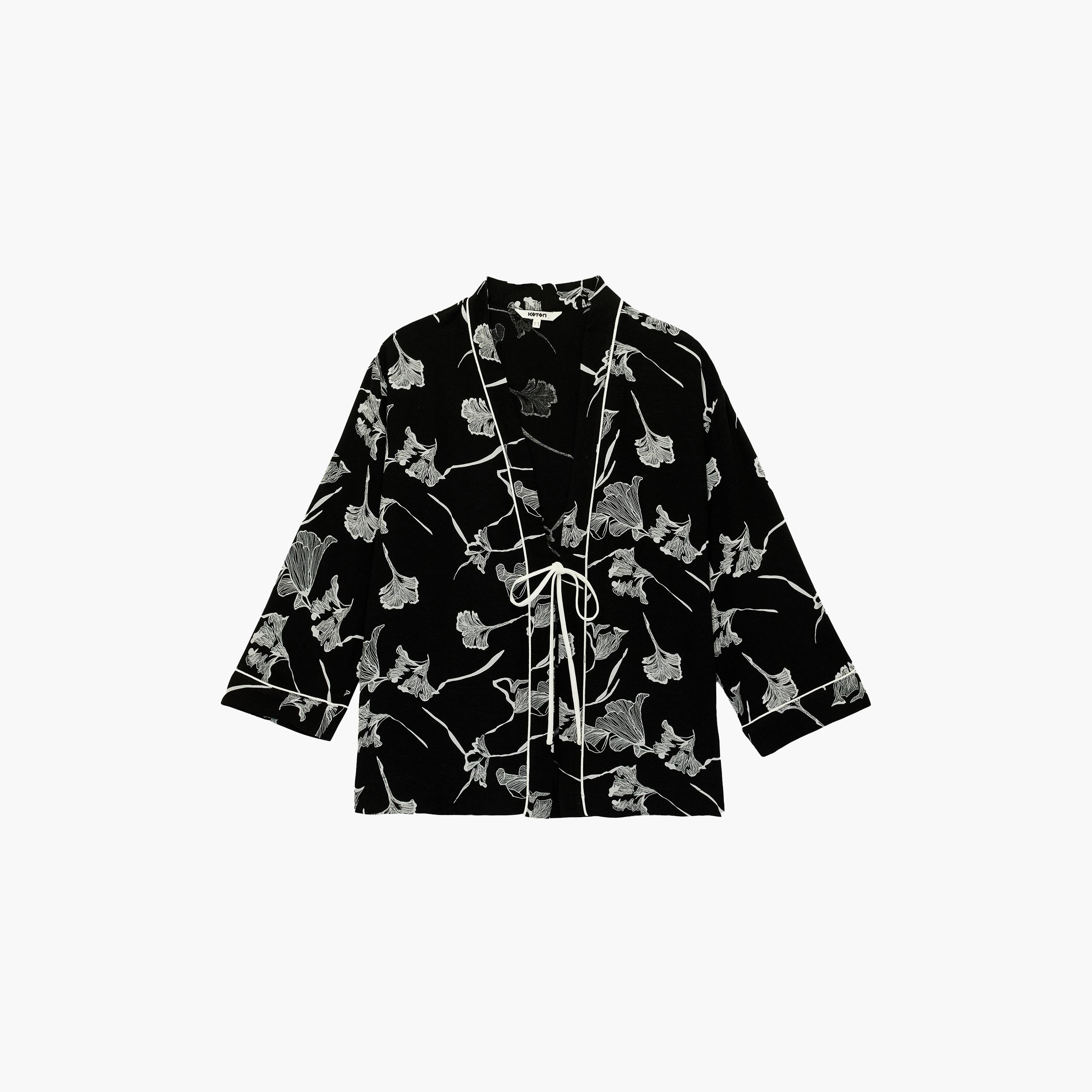 KOTON Black Floral Print Shawl Neck Women's Kimono-women-clothing-shirtsandblouses-blouses-image-6