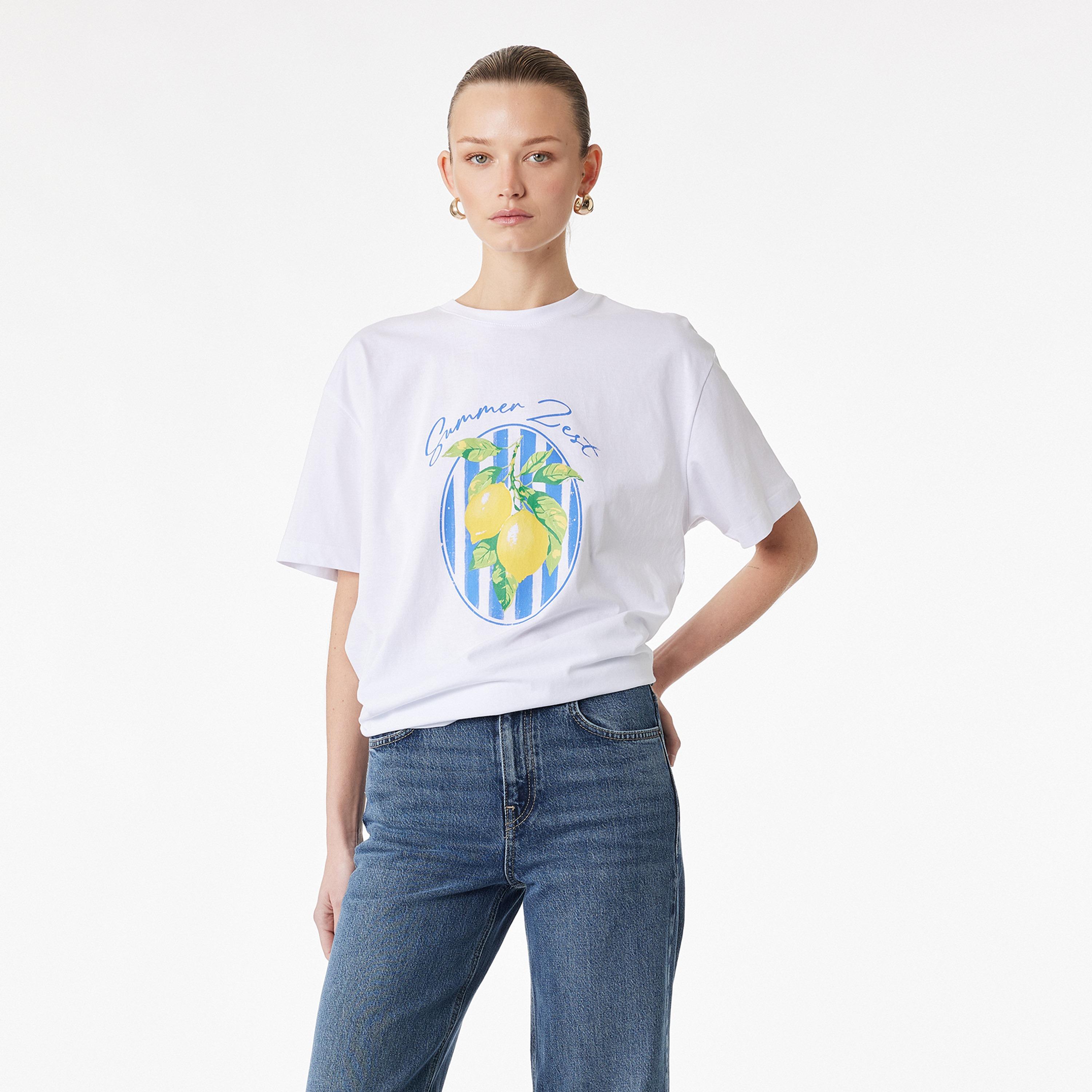 KOTON White Graphic Lemon Print Cotton Women's T-Shirt-women-clothing-tshirts-image-1