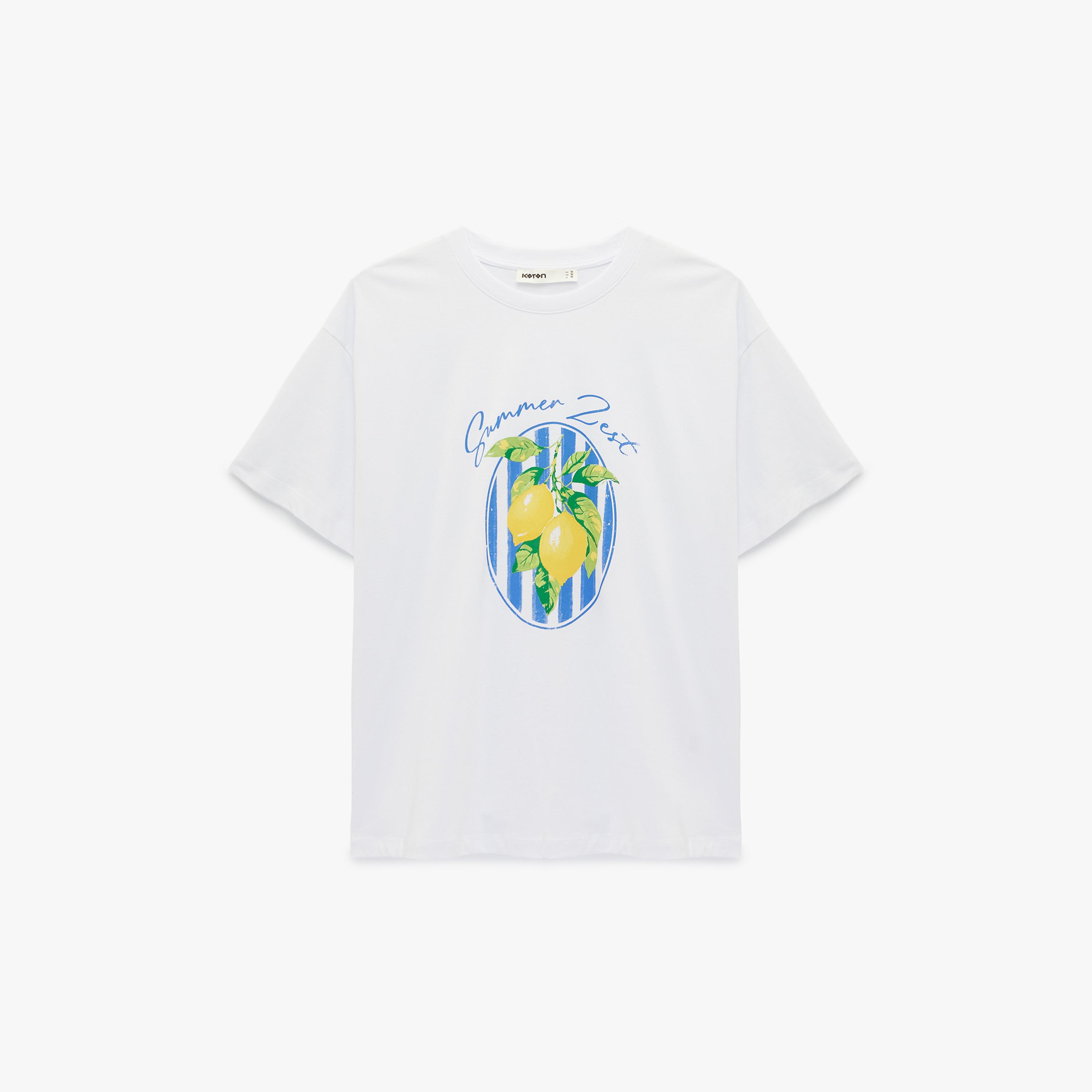 KOTON White Graphic Lemon Print Cotton Women's T-Shirt-women-clothing-tshirts-image-4