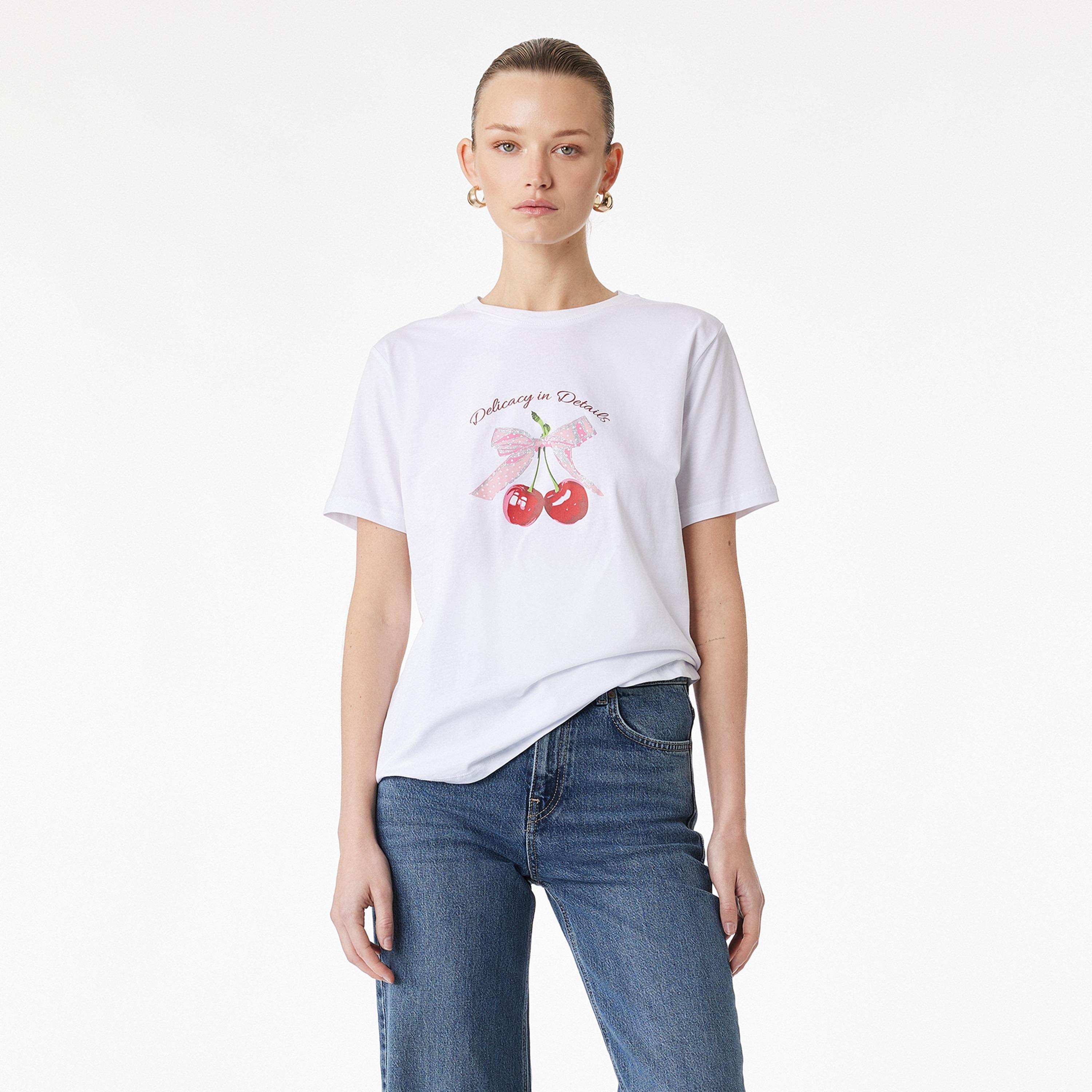 KOTON White Graphic Cherry Cotton Women's T-Shirt-women-clothing-tshirts-image-1