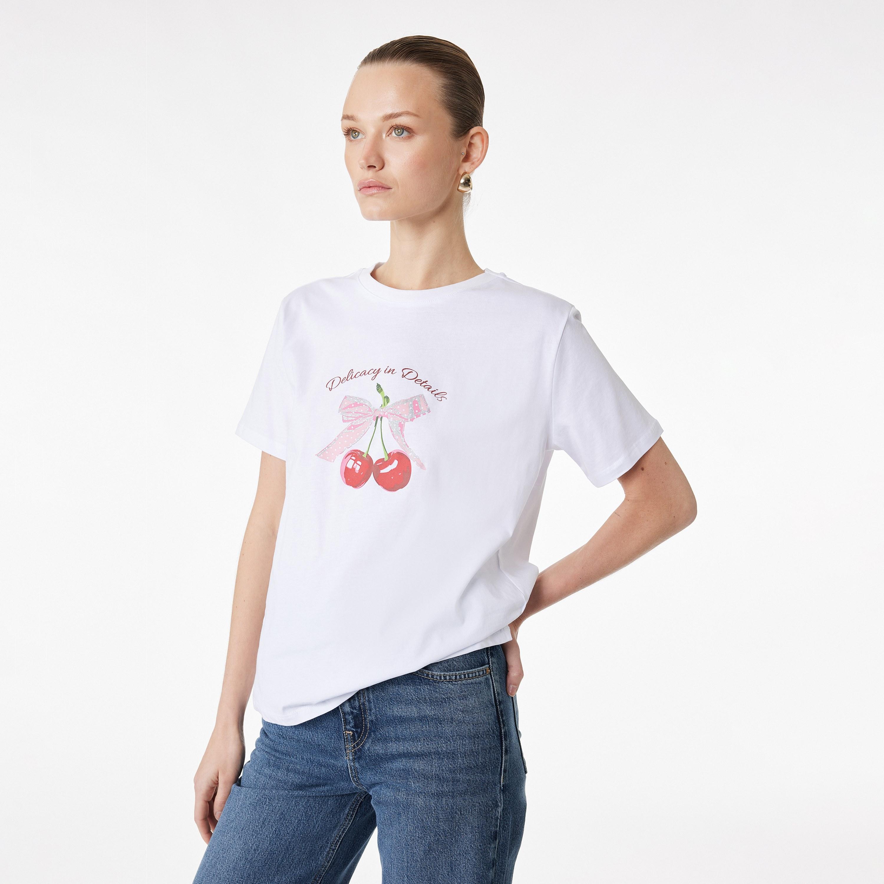 KOTON White Graphic Cherry Cotton Women's T-Shirt-women-clothing-tshirts-image-3