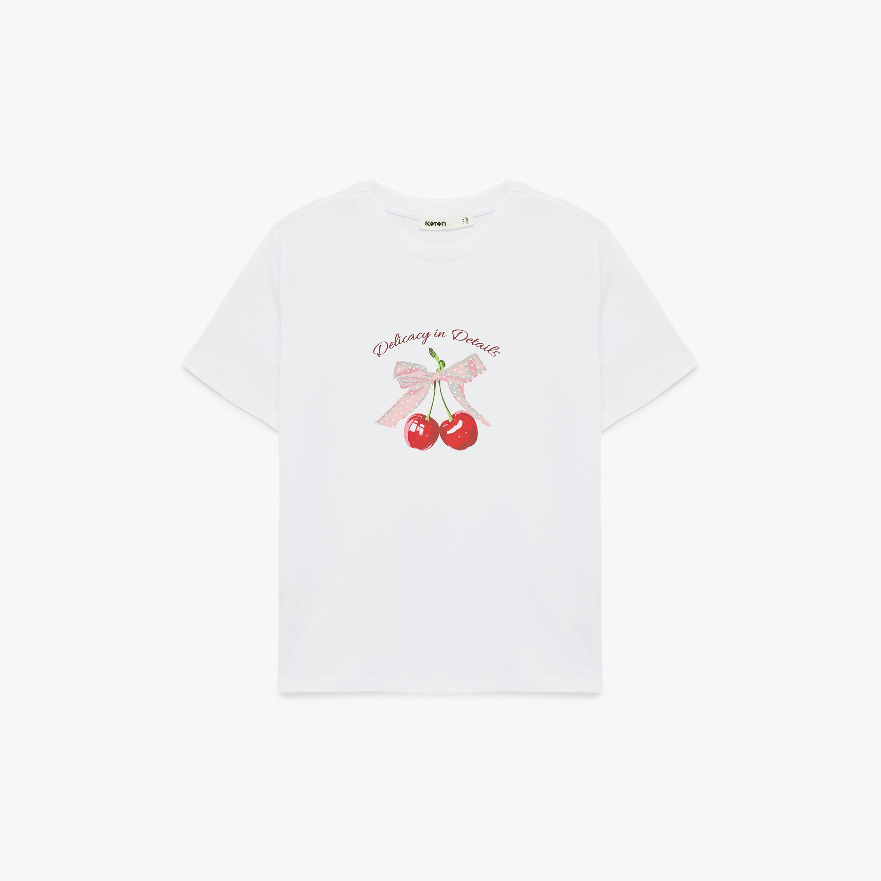 KOTON White Graphic Cherry Cotton Women's T-Shirt-women-clothing-tshirts-image-4