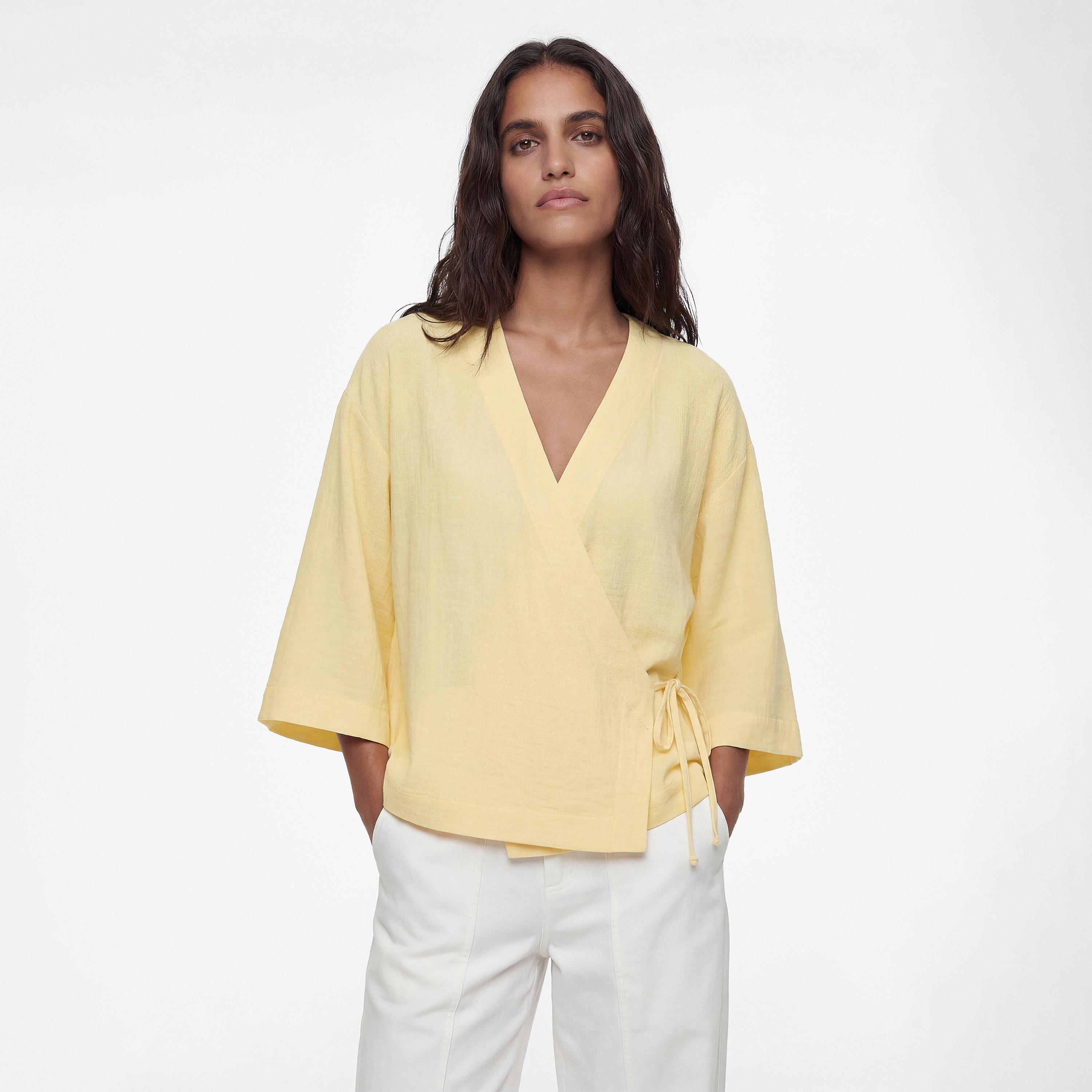 KOTON Yellow Textured Surplice Neck Women's Kimono-women-clothing-shirtsandblouses-blouses-image-1