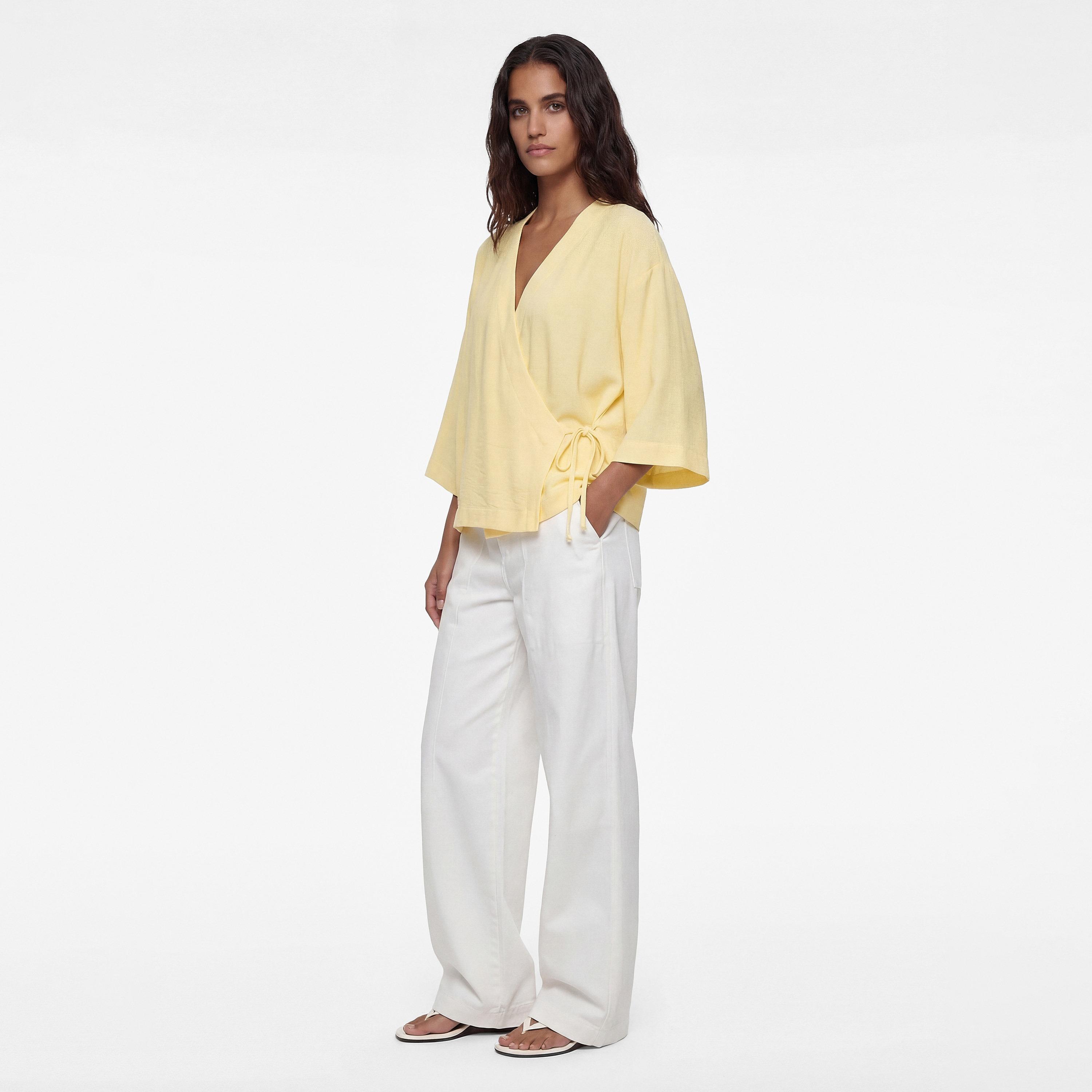 KOTON Yellow Textured Surplice Neck Women's Kimono-women-clothing-shirtsandblouses-blouses-image-2