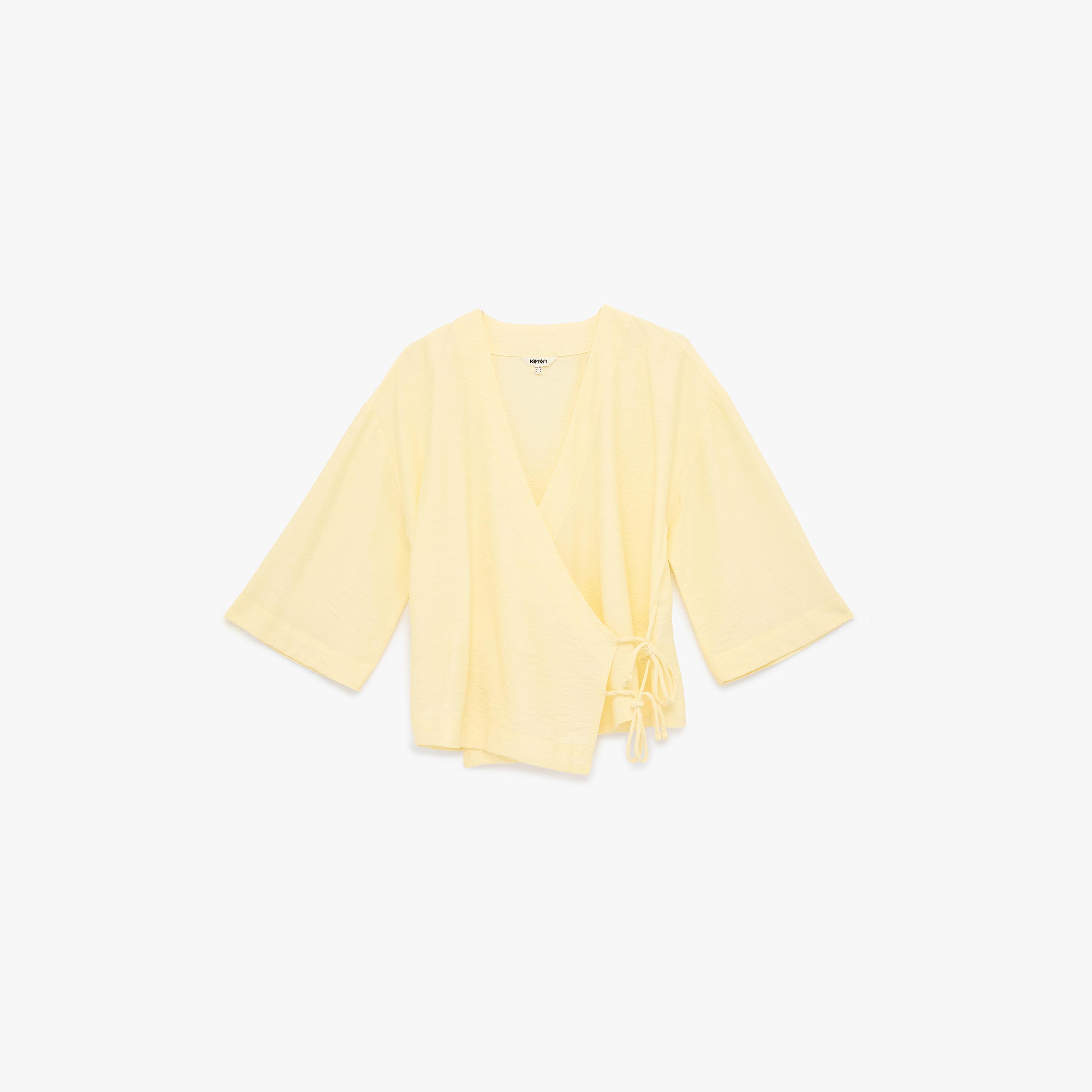 KOTON Yellow Textured Surplice Neck Women's Kimono-women-clothing-shirtsandblouses-blouses-image-3