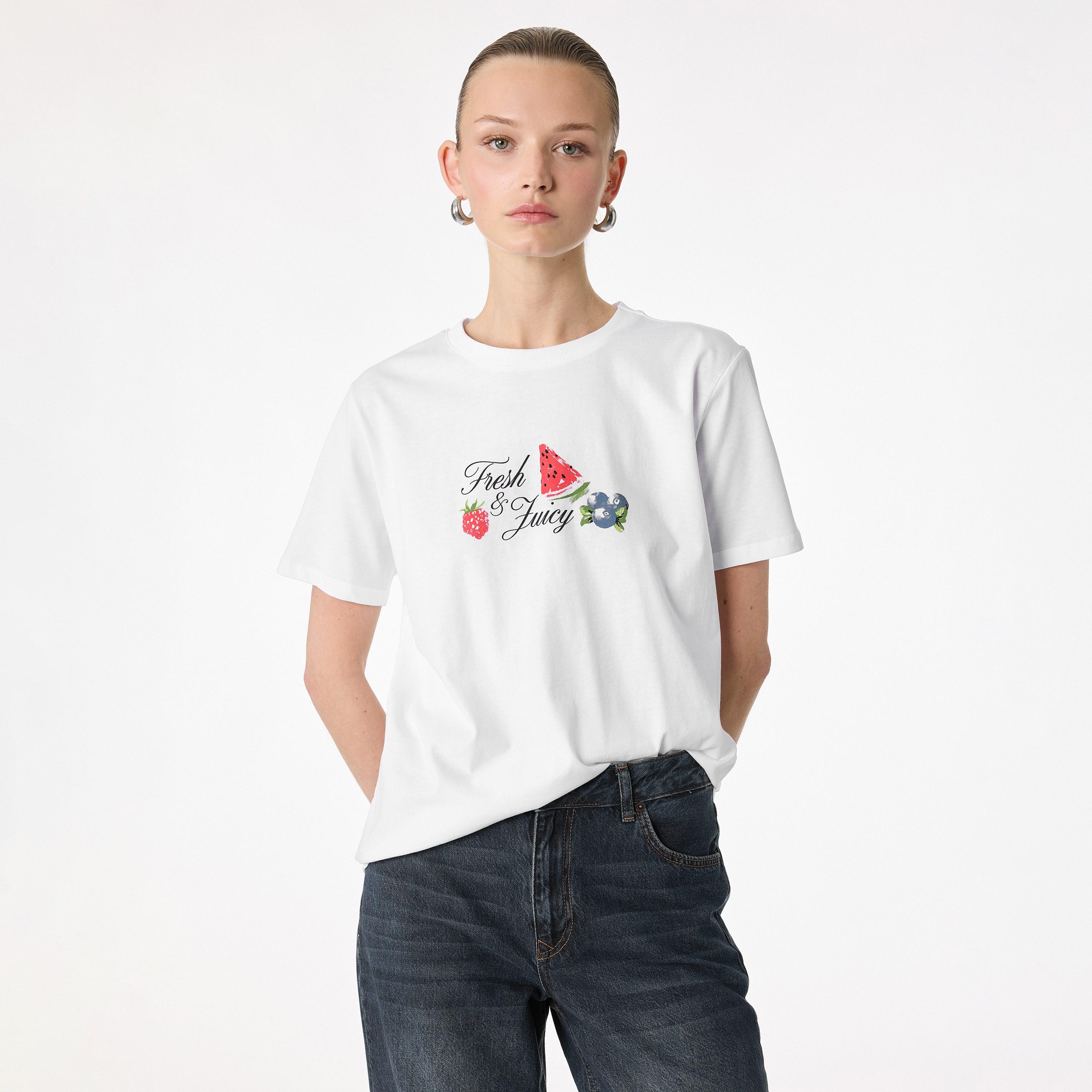 KOTON White Graphic Watermelon & Strawberry Cotton Women's T-Shirt-women-clothing-tshirts-image-1