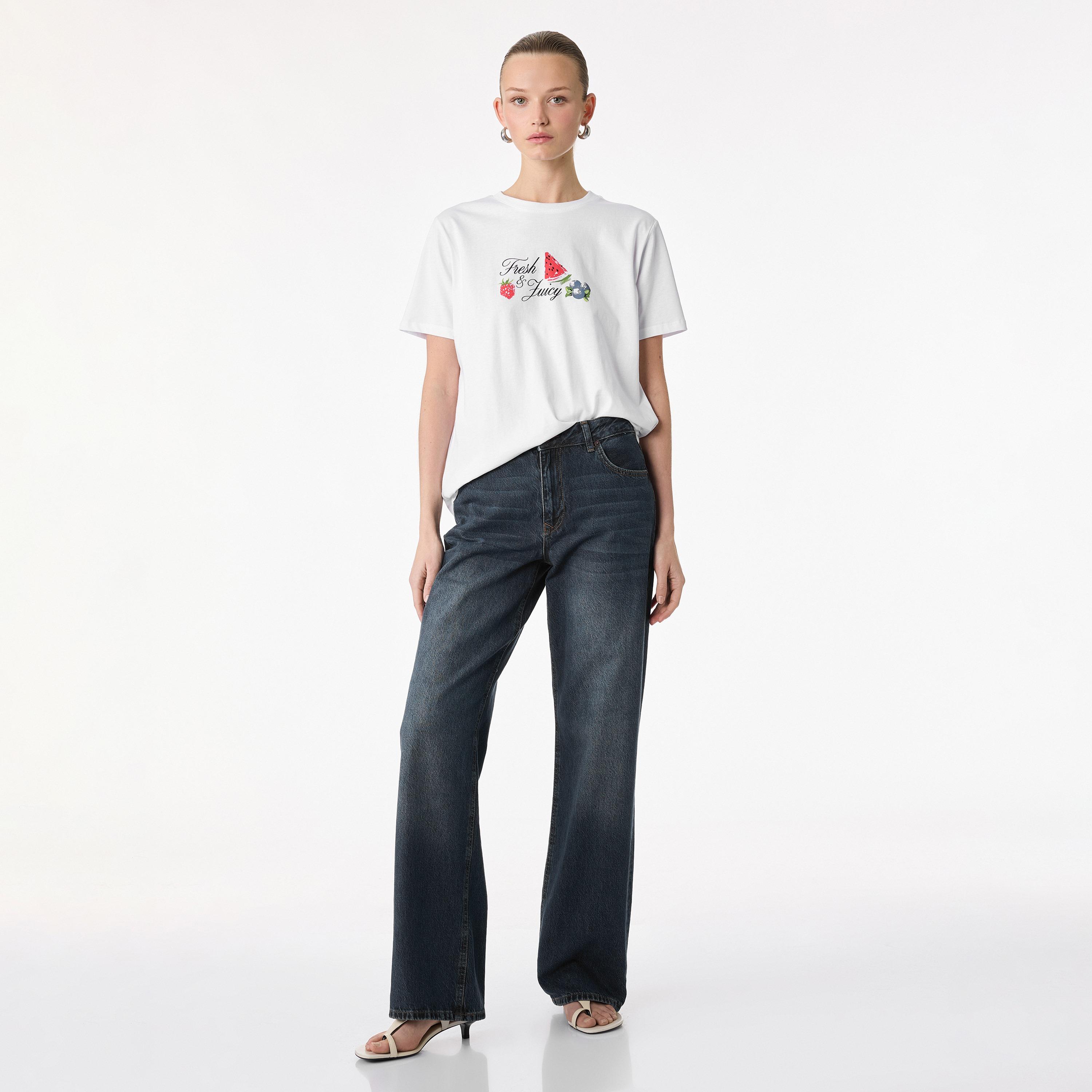 KOTON White Graphic Watermelon & Strawberry Cotton Women's T-Shirt-women-clothing-tshirts-image-2