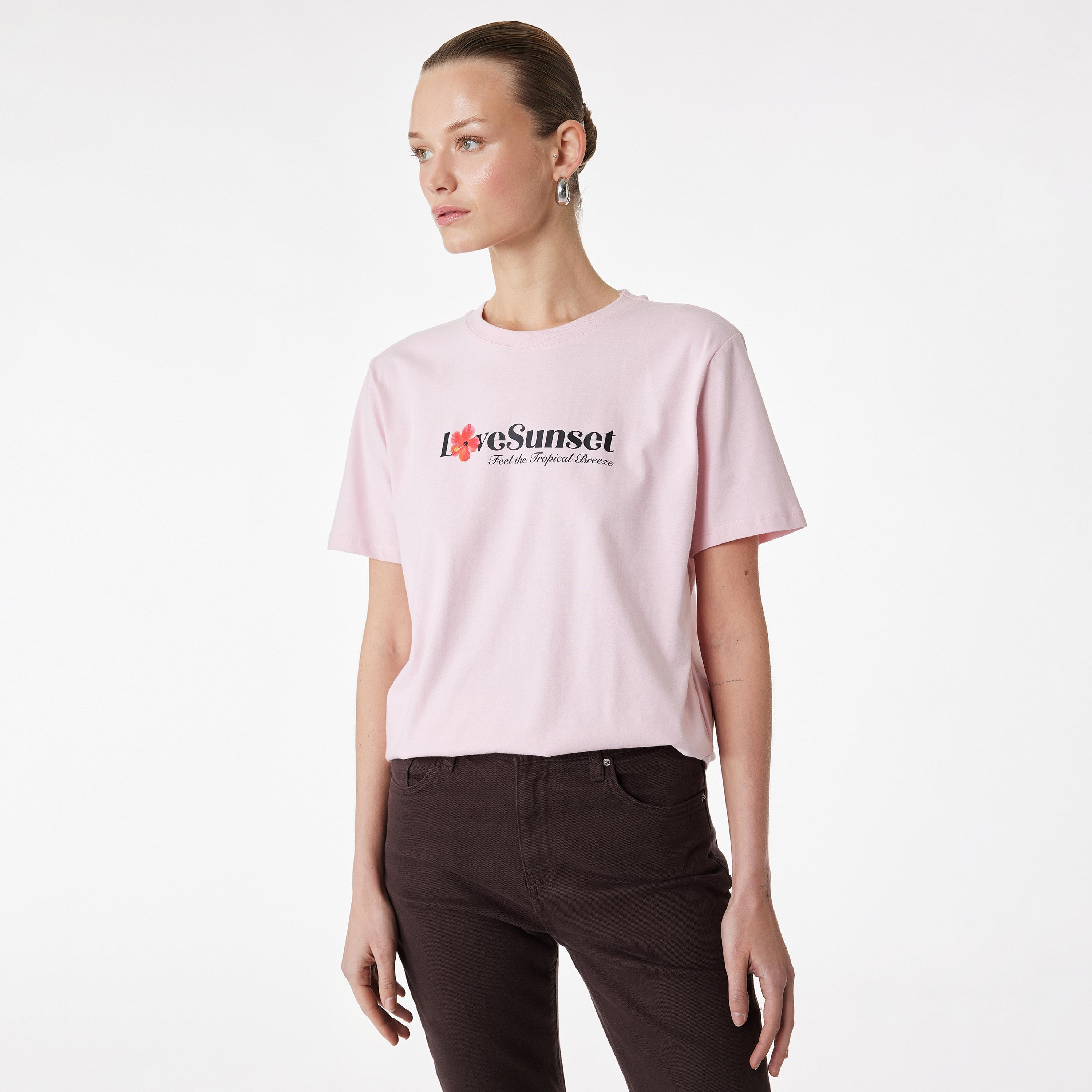KOTON Pink Graphic Floral Print Cotton Women's T-Shirt-women-clothing-tshirts-image-1