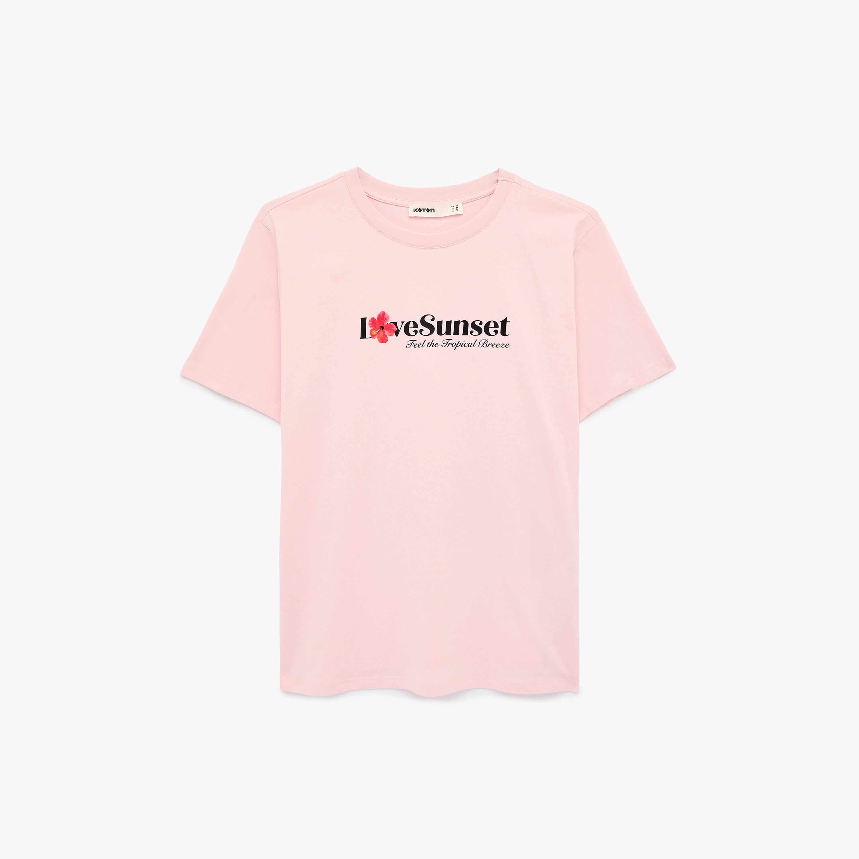 KOTON Pink Graphic Floral Print Cotton Women's T-Shirt-women-clothing-tshirts-image-3