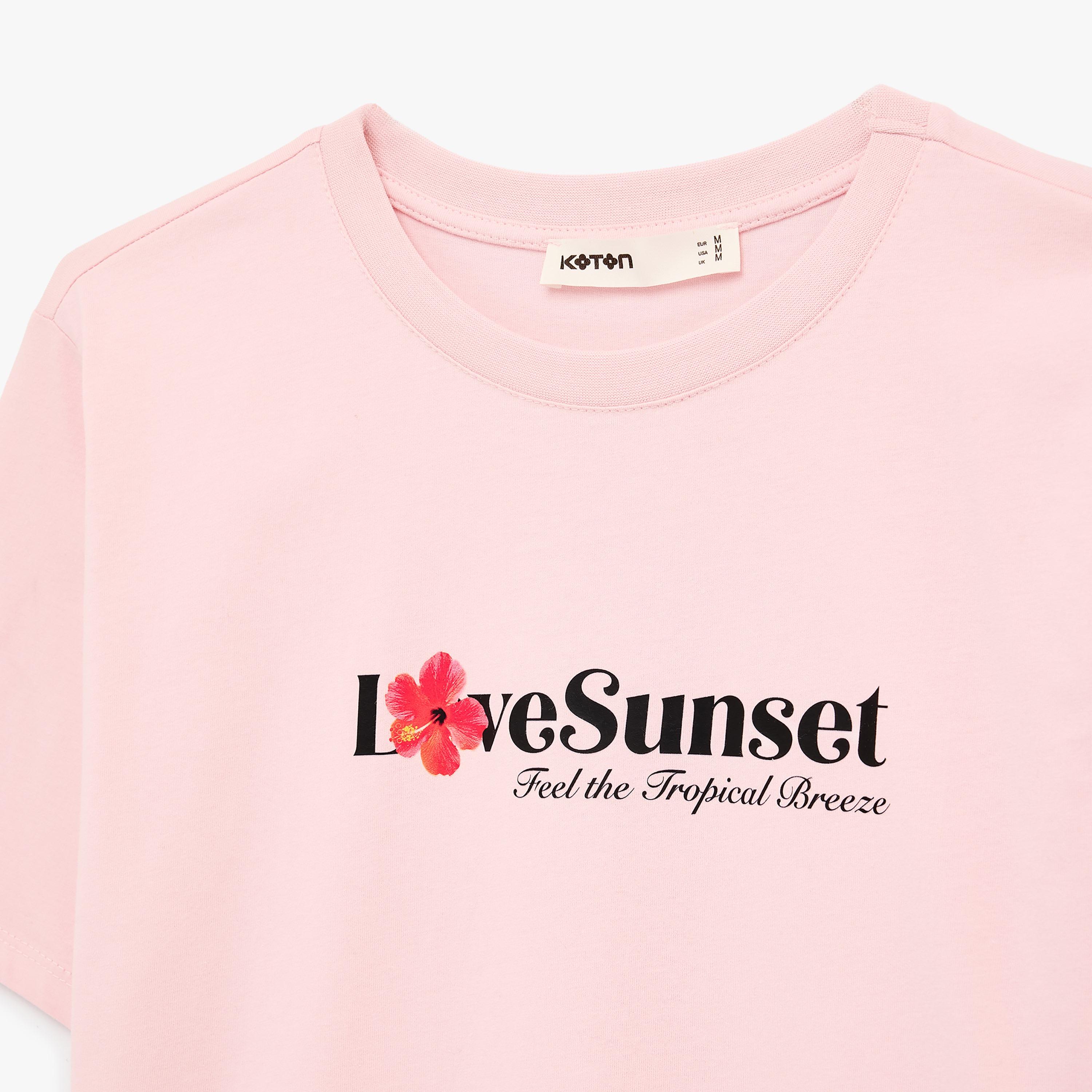 KOTON Pink Graphic Floral Print Cotton Women's T-Shirt-women-clothing-tshirts-image-5