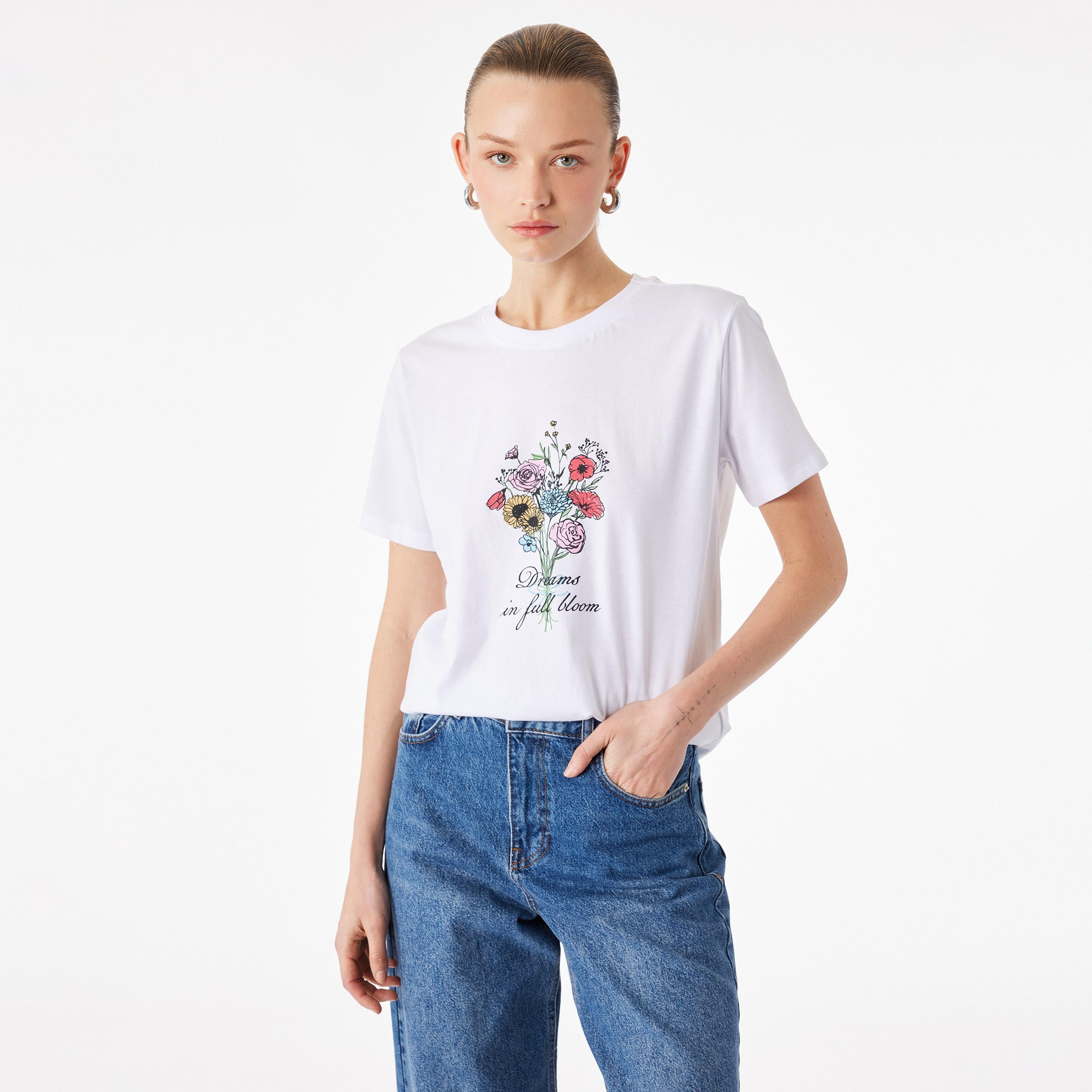 KOTON White Graphic Floral Print Cotton Women's T-Shirt-women-clothing-tshirts-image-1