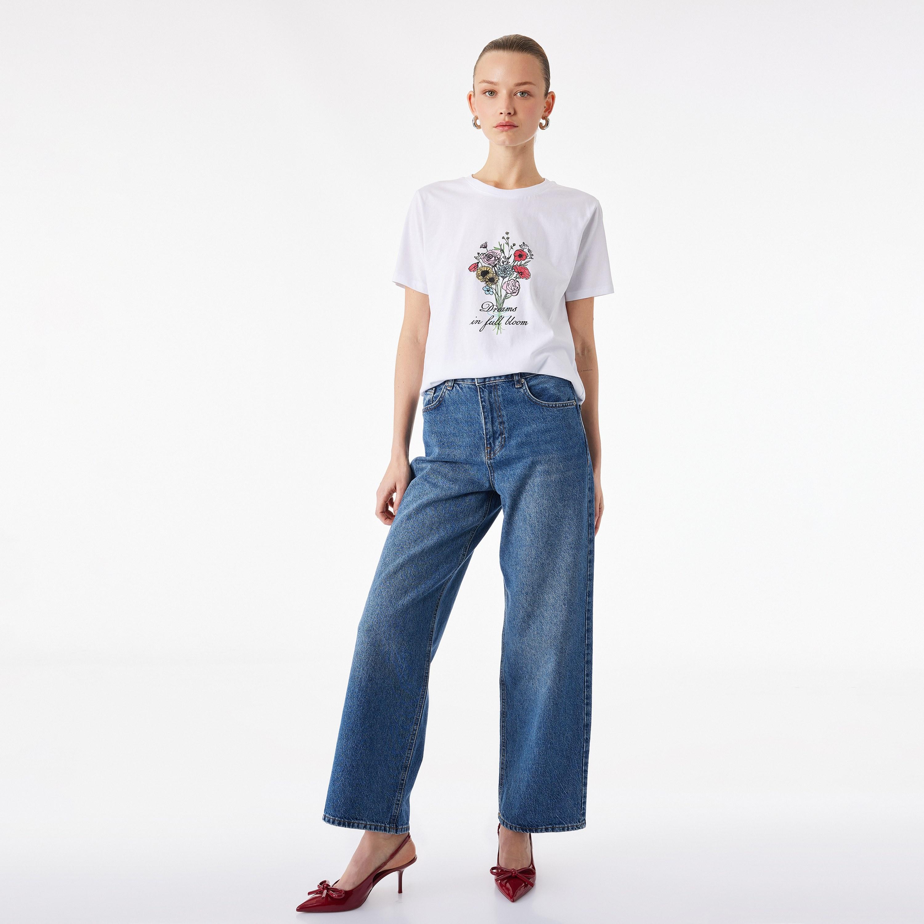 KOTON White Graphic Floral Print Cotton Women's T-Shirt-women-clothing-tshirts-image-2