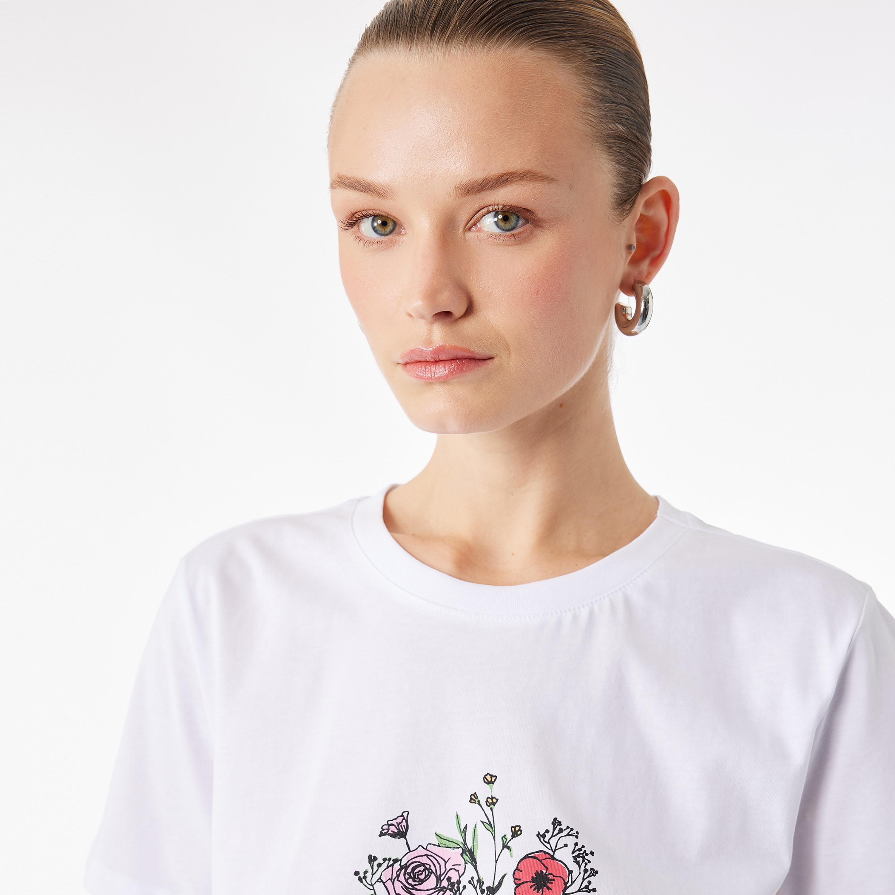 KOTON White Graphic Floral Print Cotton Women's T-Shirt-women-clothing-tshirts-image-3