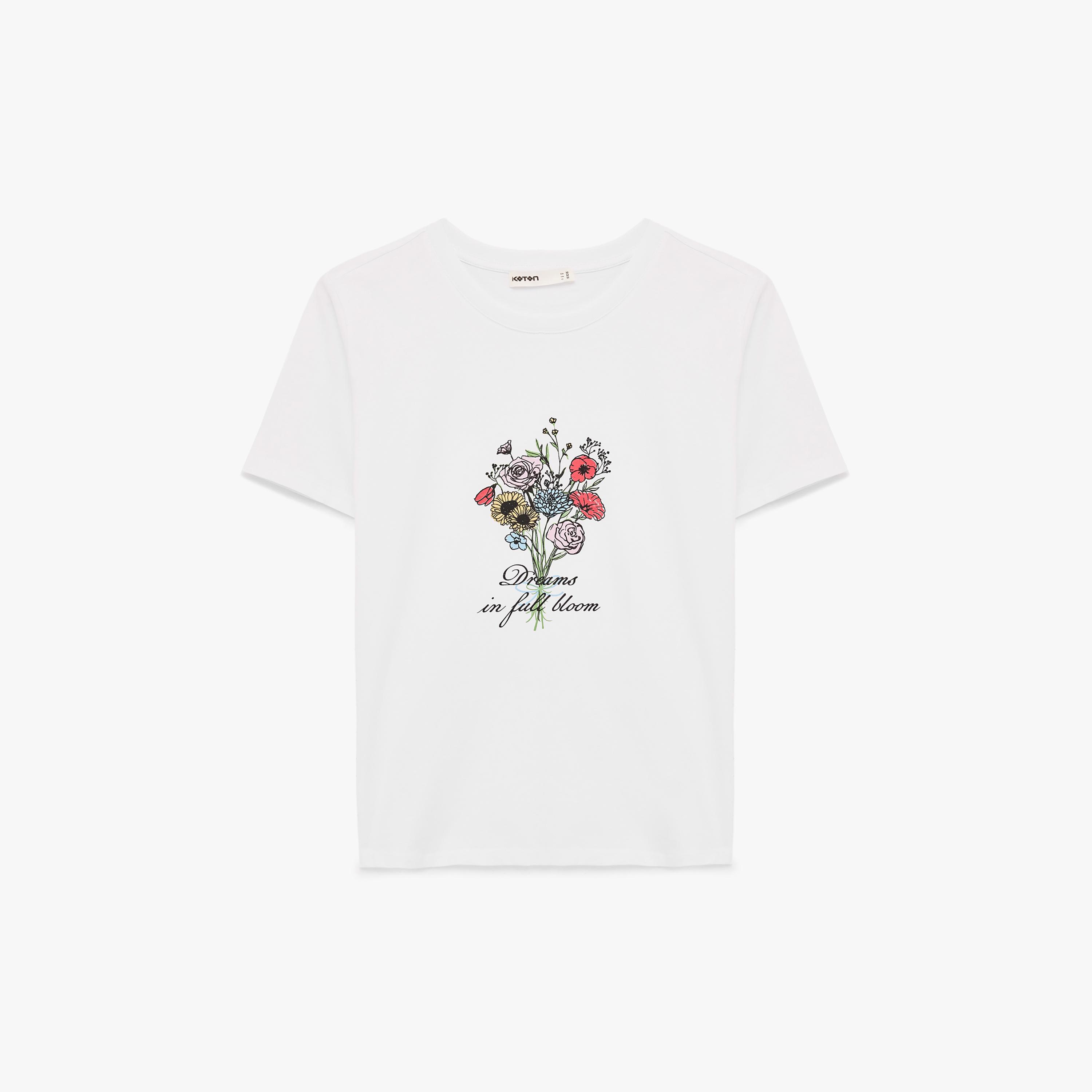 KOTON White Graphic Floral Print Cotton Women's T-Shirt-women-clothing-tshirts-image-4