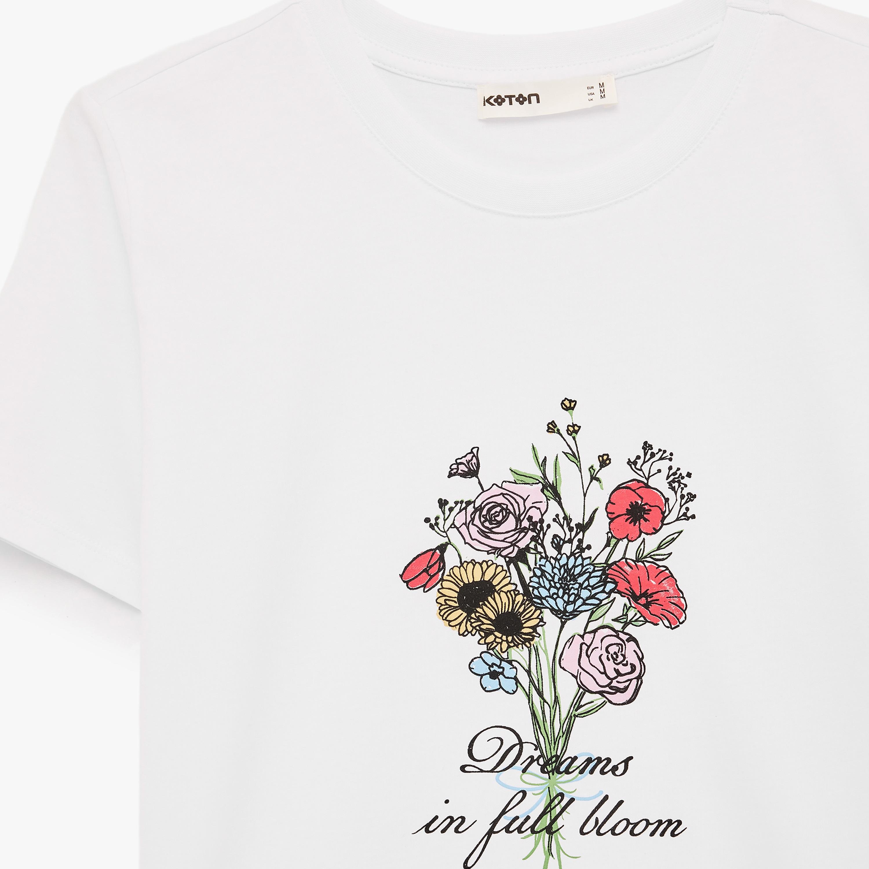KOTON White Graphic Floral Print Cotton Women's T-Shirt-women-clothing-tshirts-image-6