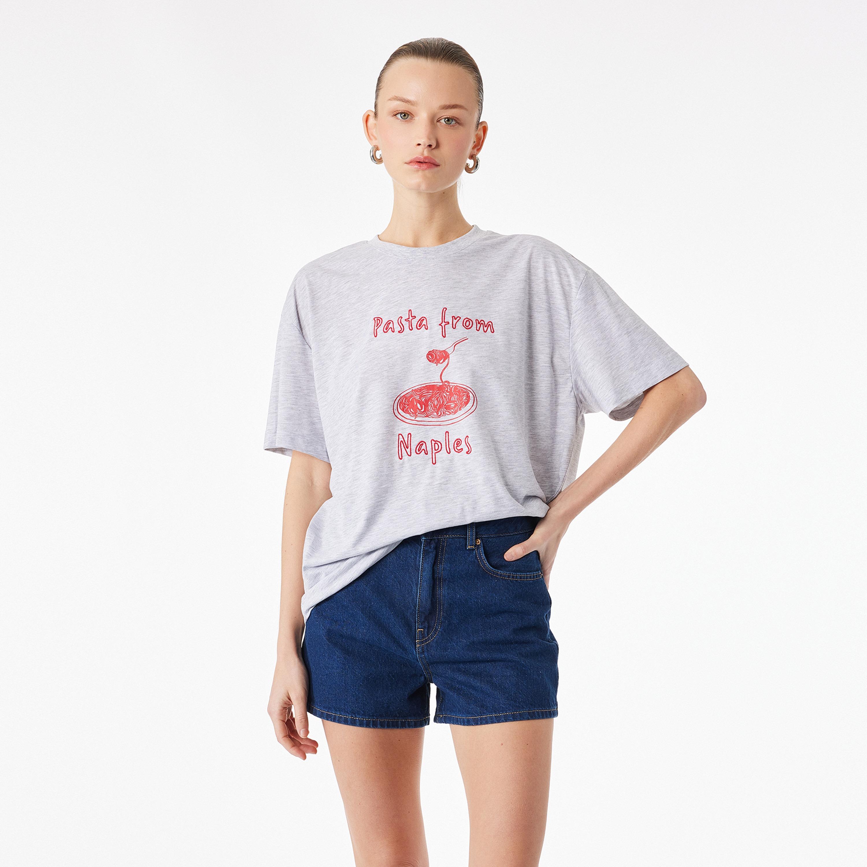 KOTON Grey Graphic Embroidered Women's T-Shirt-women-clothing-tshirts-image-1