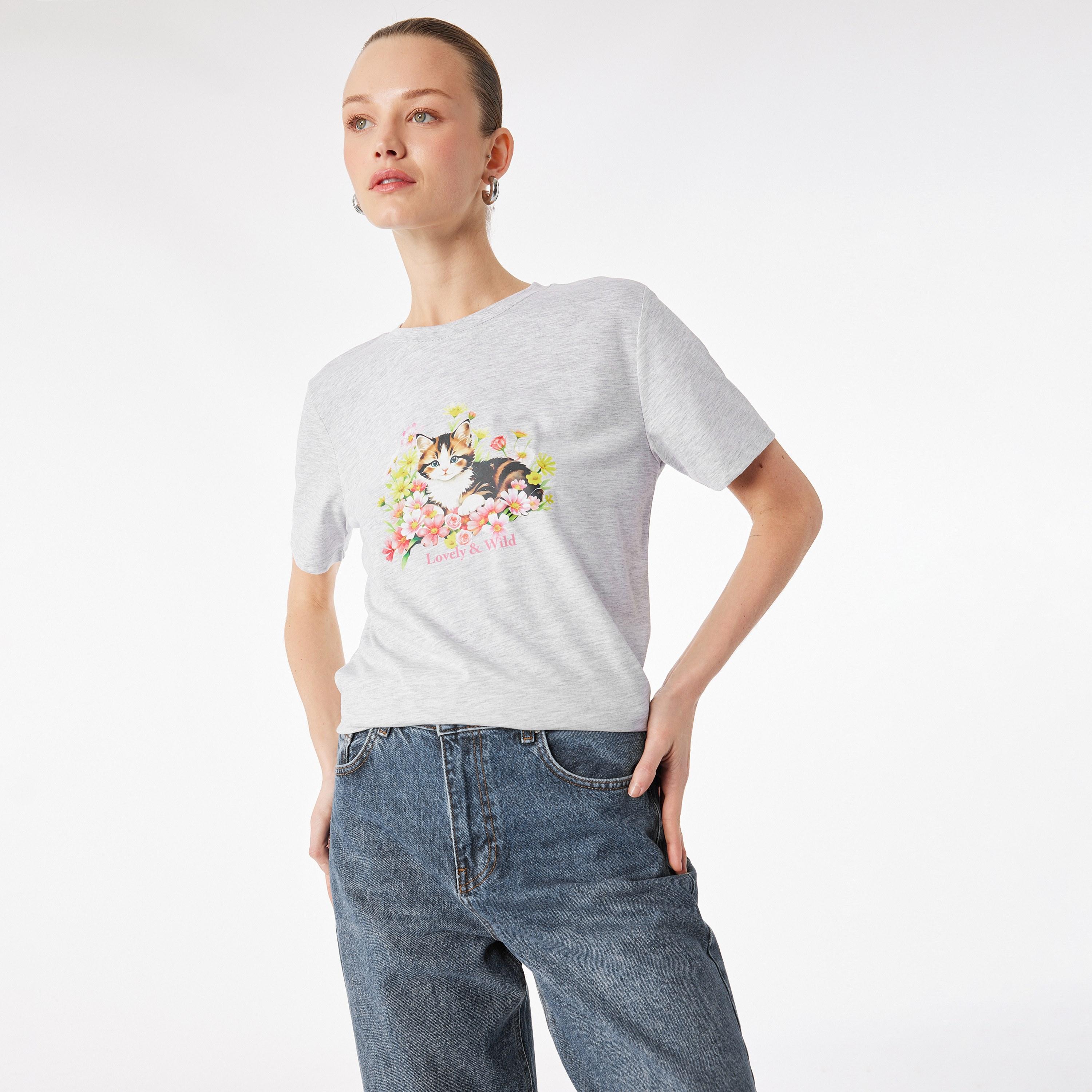 KOTON Grey Graphic Cat Women's T-Shirt-women-clothing-tshirts-image-1