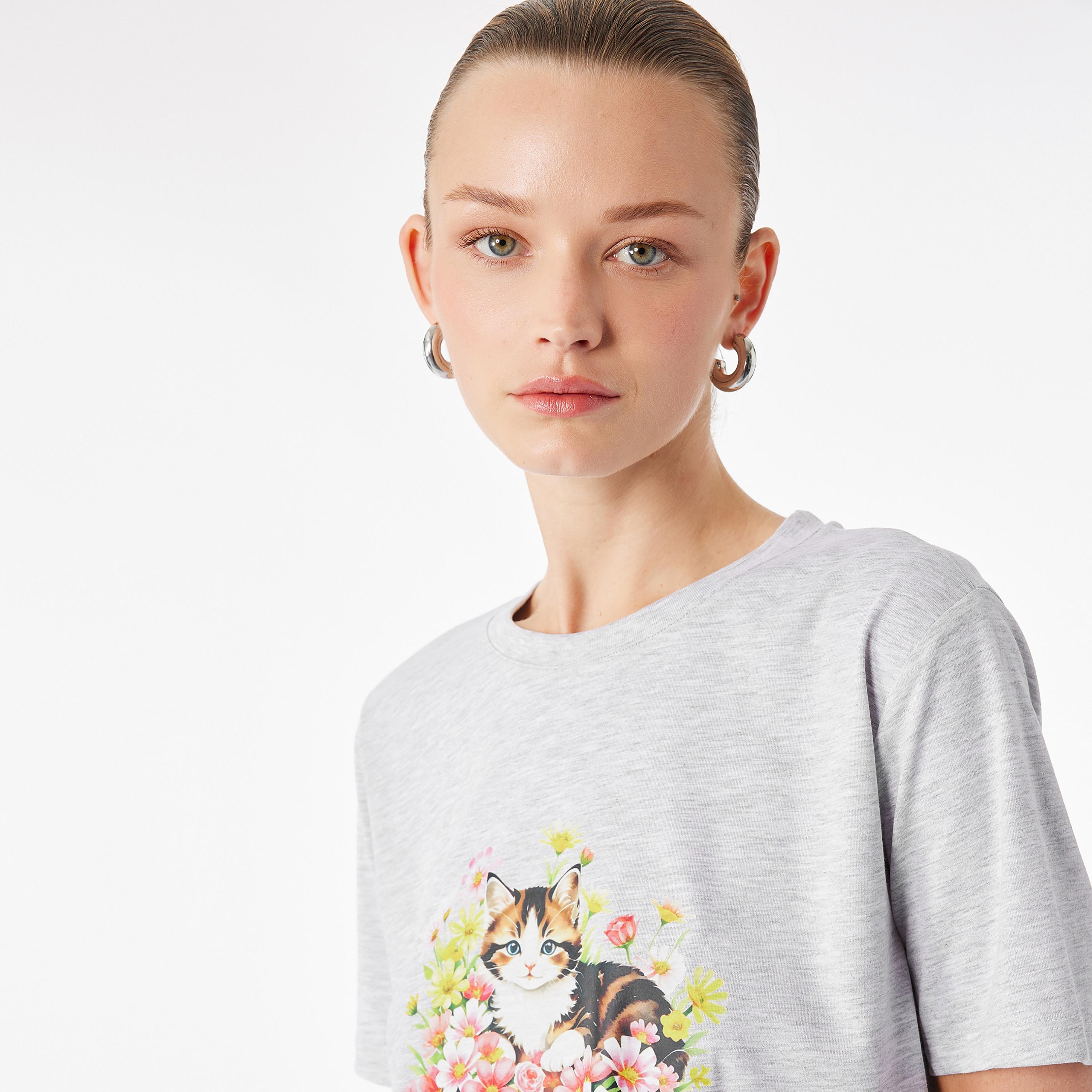 KOTON Grey Graphic Cat Women's T-Shirt-women-clothing-tshirts-image-2