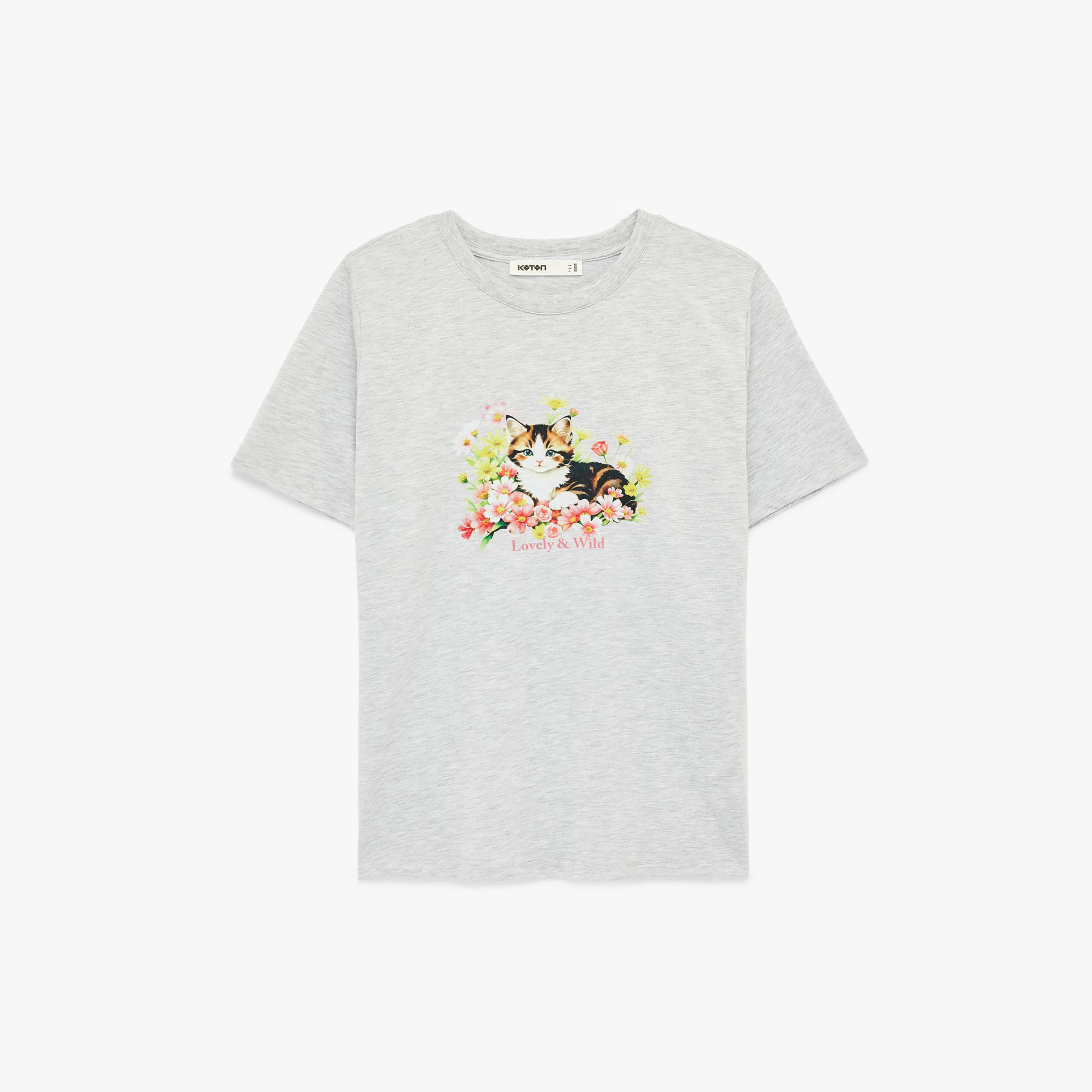 KOTON Grey Graphic Cat Women's T-Shirt-women-clothing-tshirts-image-3