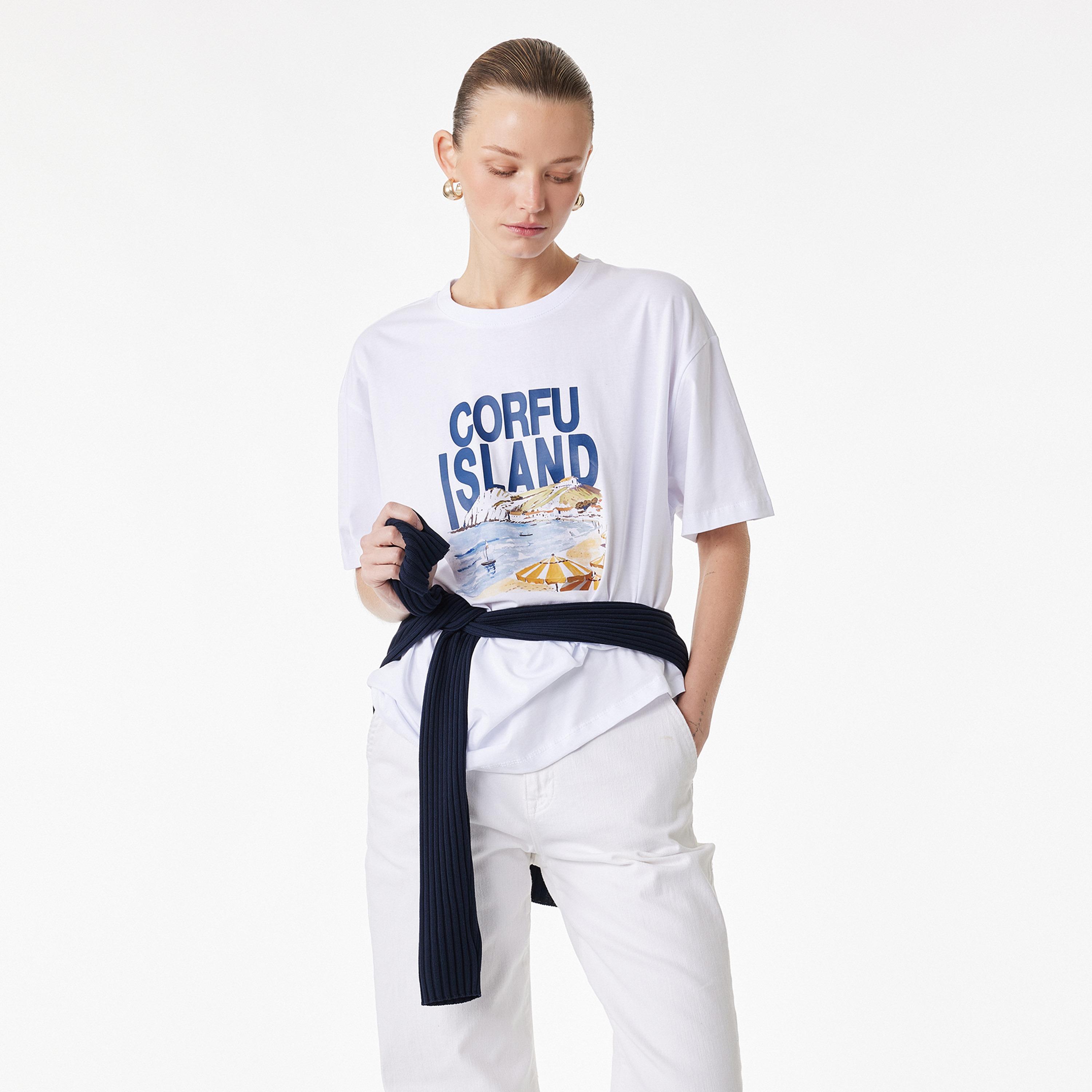 KOTON White Graphic Landscape Print Cotton Women's T-Shirt-women-clothing-tshirts-image-1