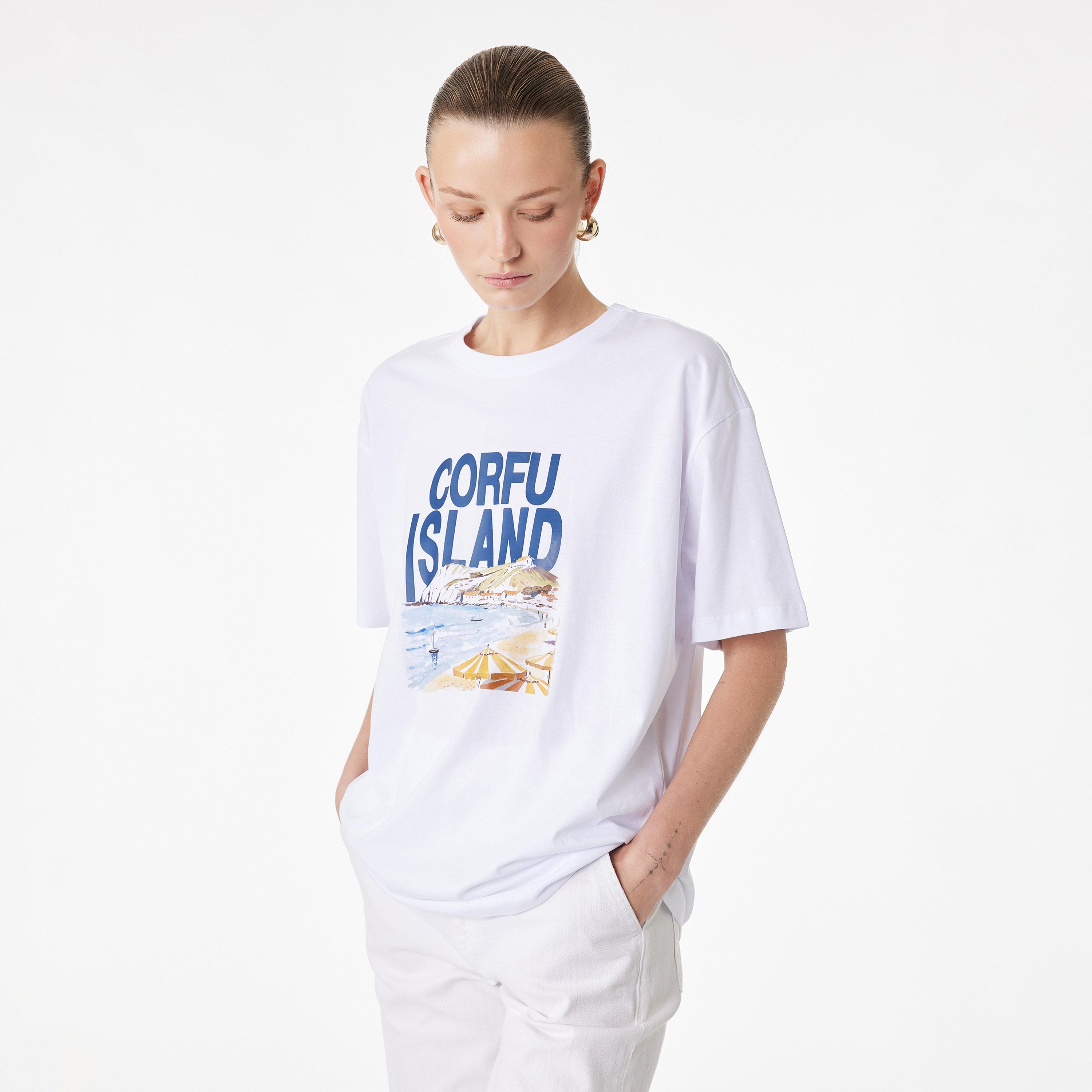 KOTON White Graphic Landscape Print Cotton Women's T-Shirt-women-clothing-tshirts-image-3