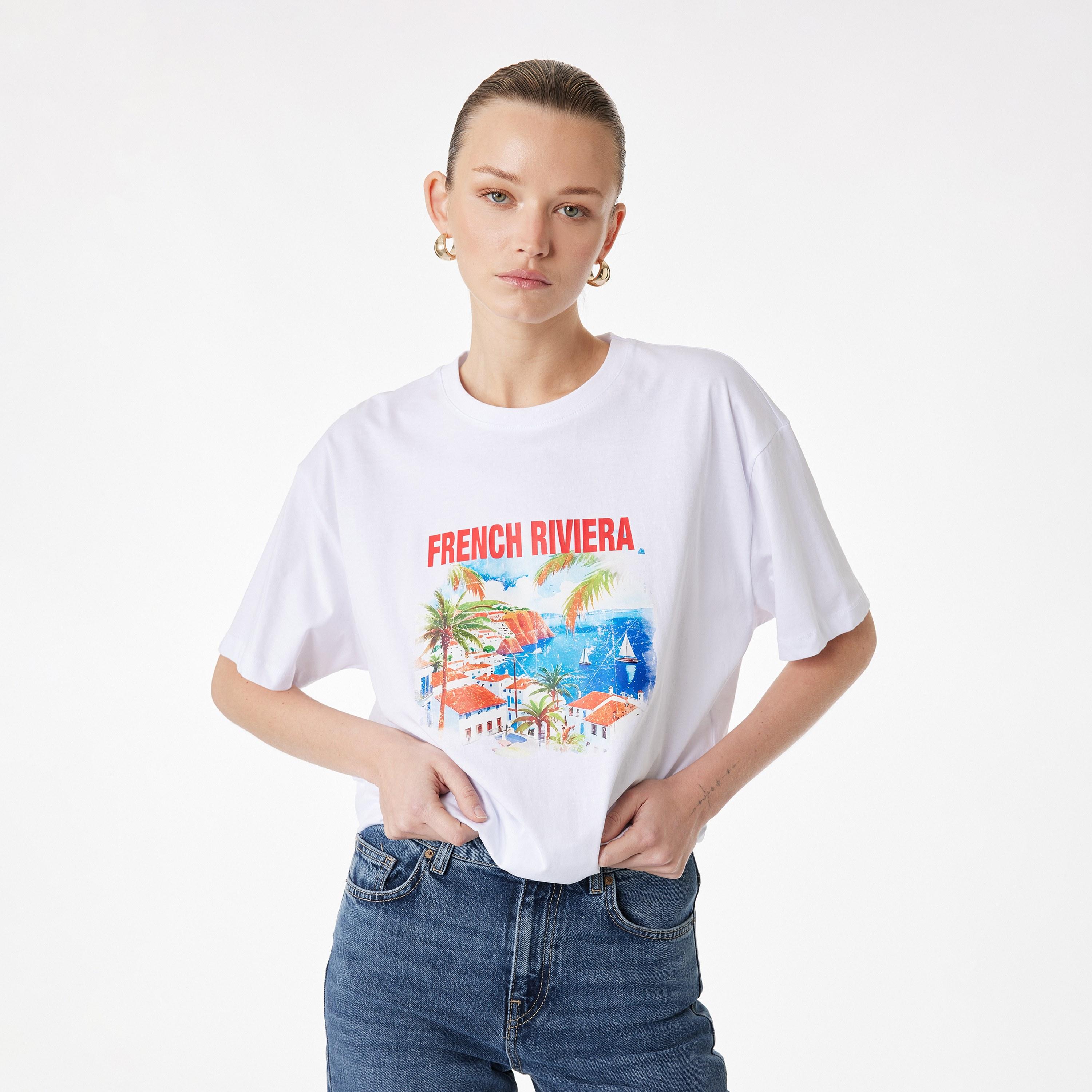 KOTON White Graphic Landscape Print Cotton Drop Shoulder Sleeves Women's T-Shirt-women-clothing-tshirts-image-1