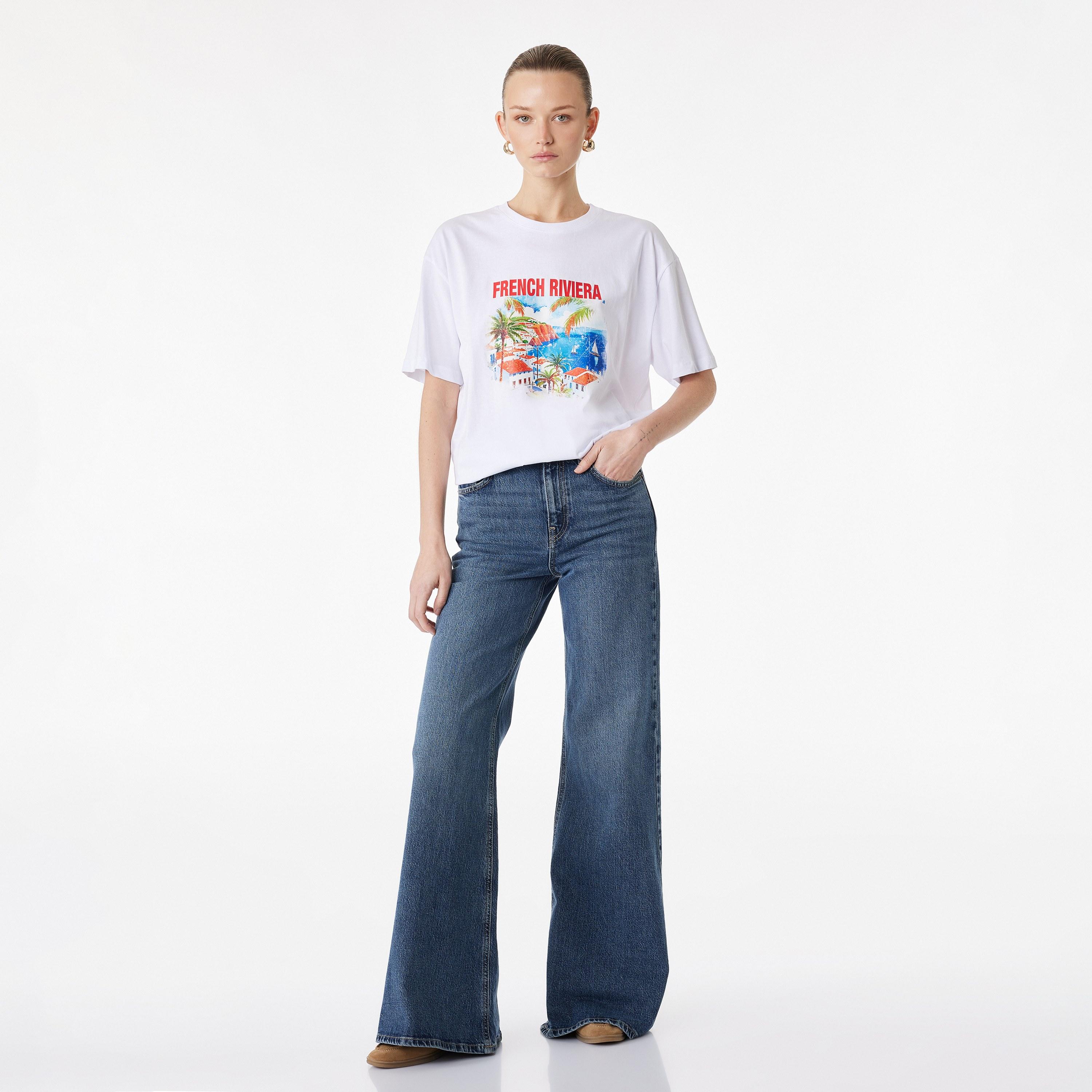 KOTON White Graphic Landscape Print Cotton Drop Shoulder Sleeves Women's T-Shirt-women-clothing-tshirts-image-2