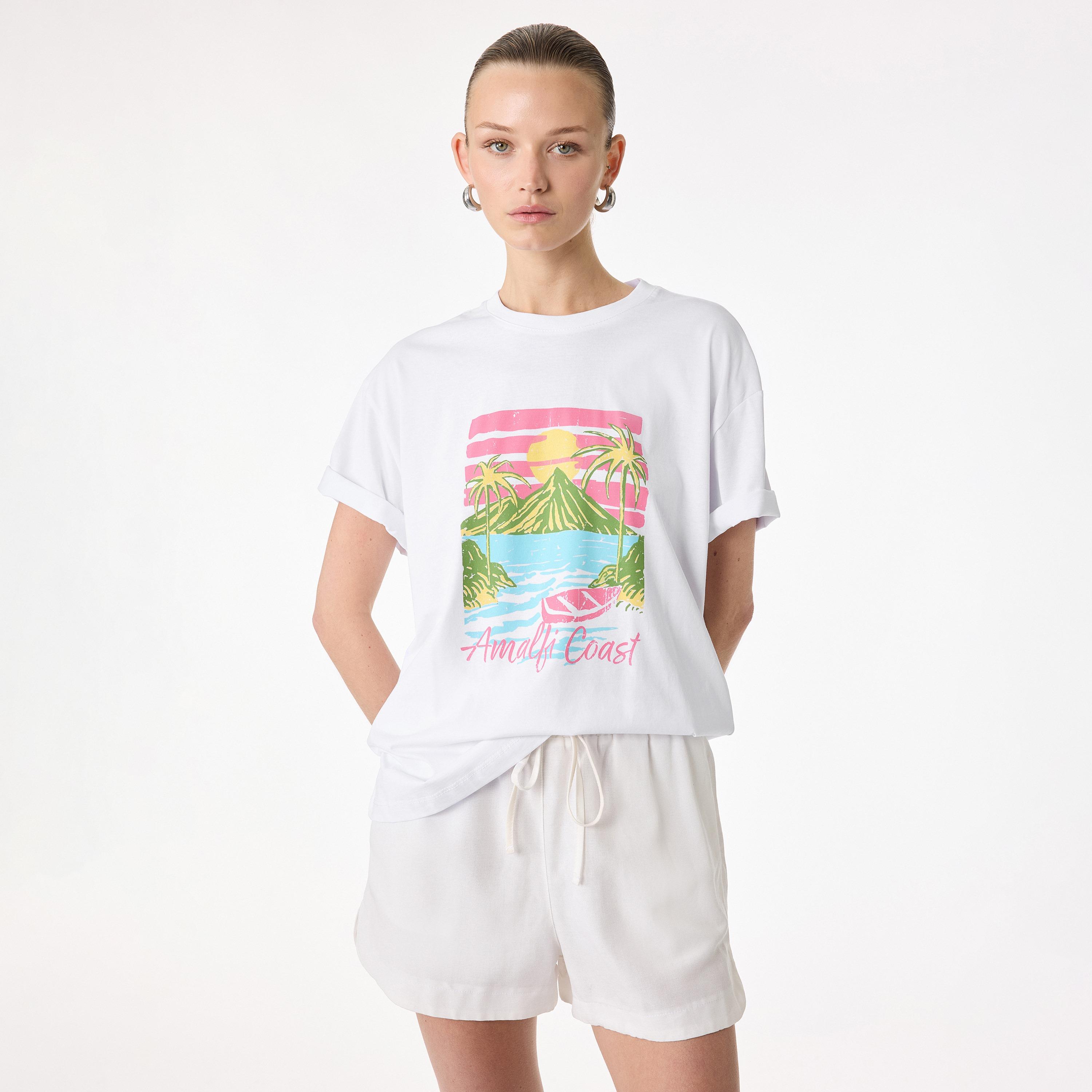 KOTON White Graphic Landscape Print Cotton Drop Shoulder Sleeves Women's T-Shirt-women-clothing-tshirts-image-1