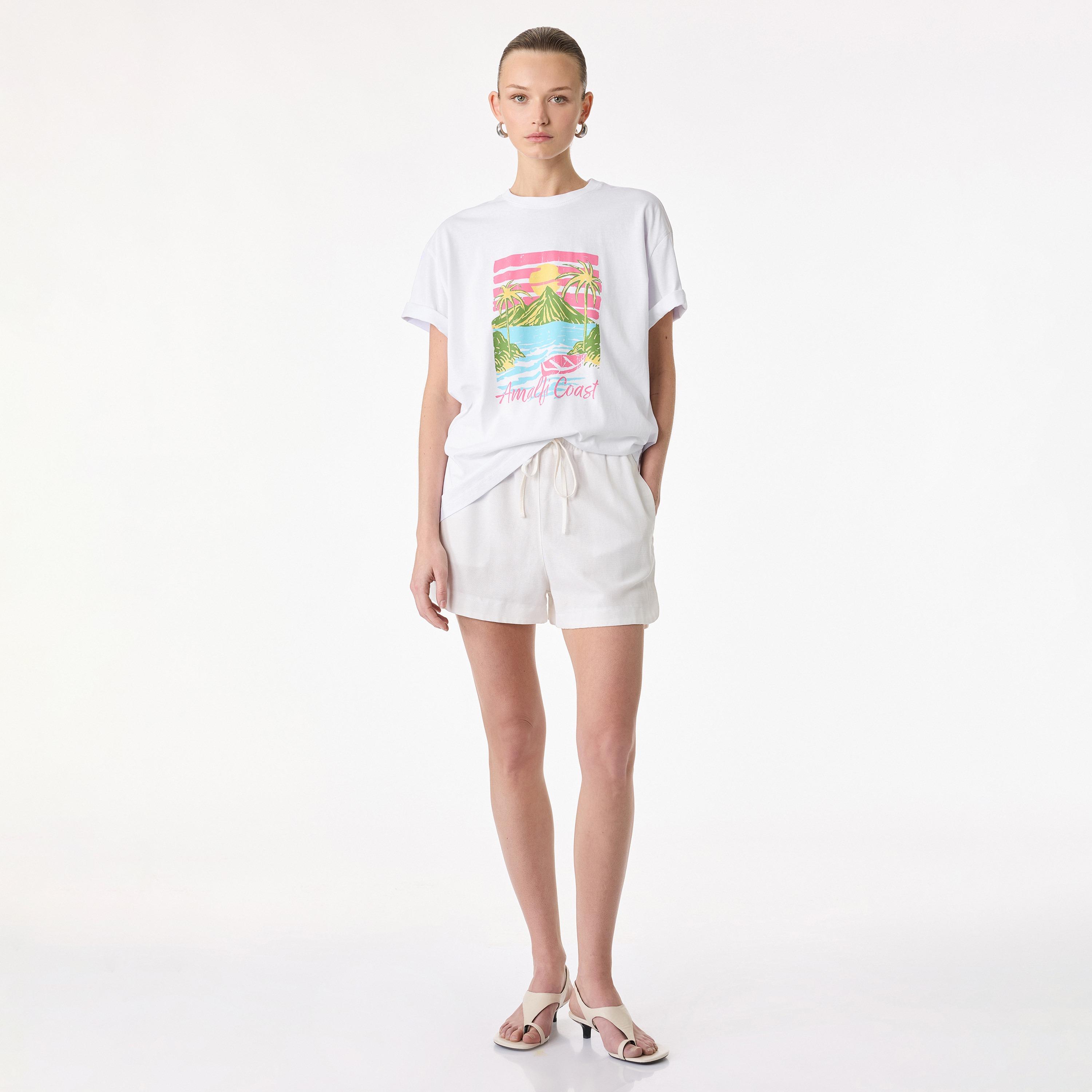 KOTON White Graphic Landscape Print Cotton Drop Shoulder Sleeves Women's T-Shirt-women-clothing-tshirts-image-2
