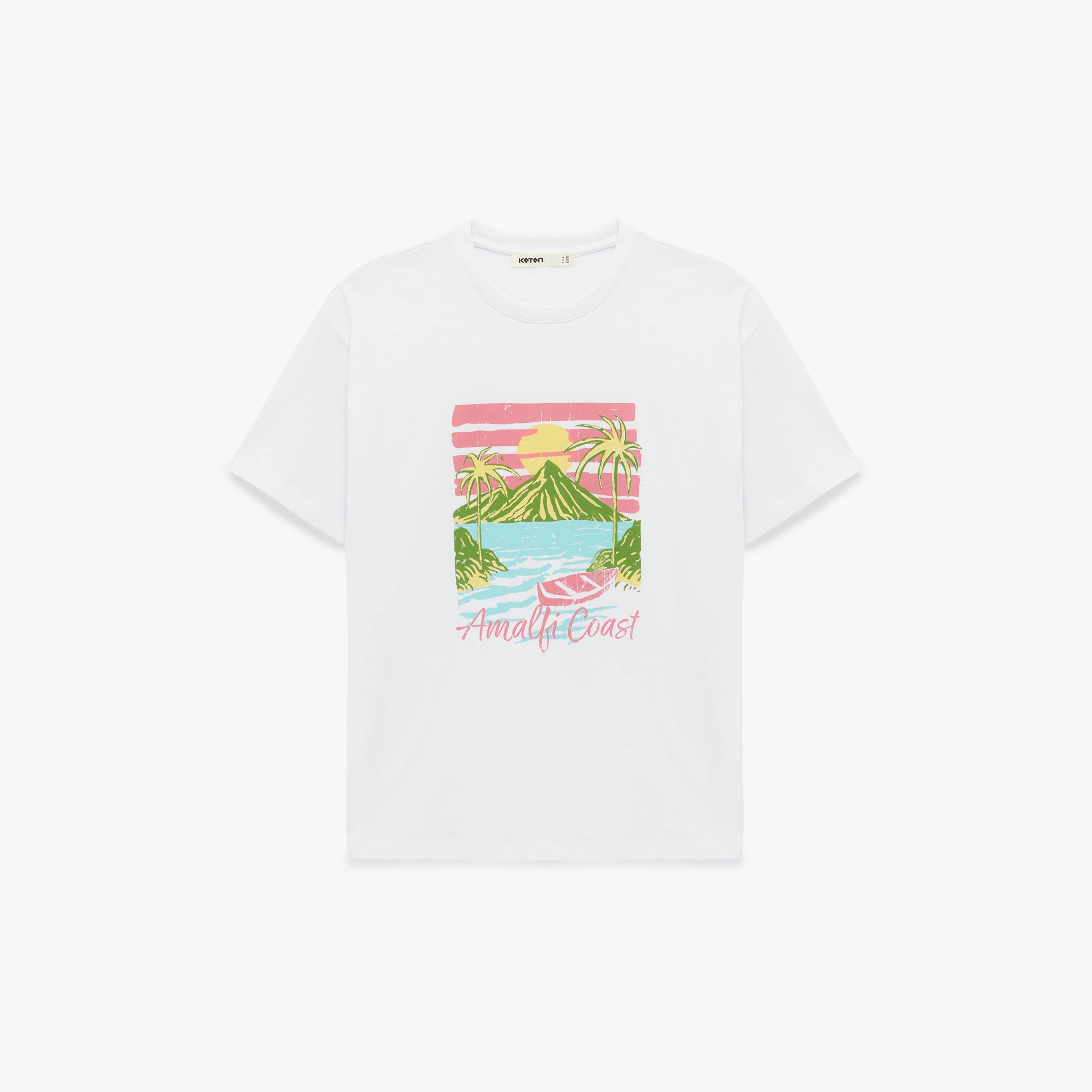 KOTON White Graphic Landscape Print Cotton Drop Shoulder Sleeves Women's T-Shirt-women-clothing-tshirts-image-3