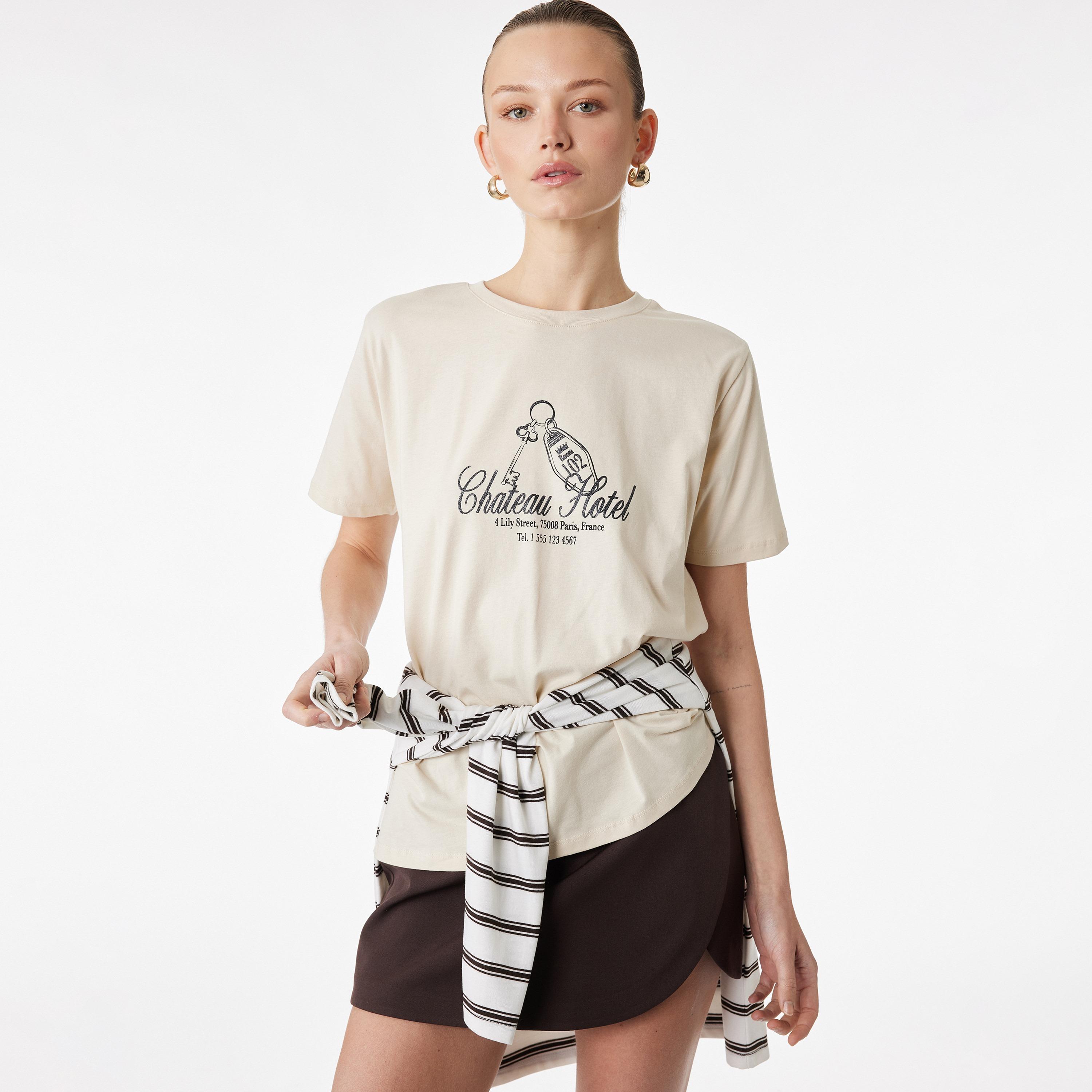 KOTON Beige Text-Print Cotton Women's T-Shirt-women-clothing-tshirts-image-1