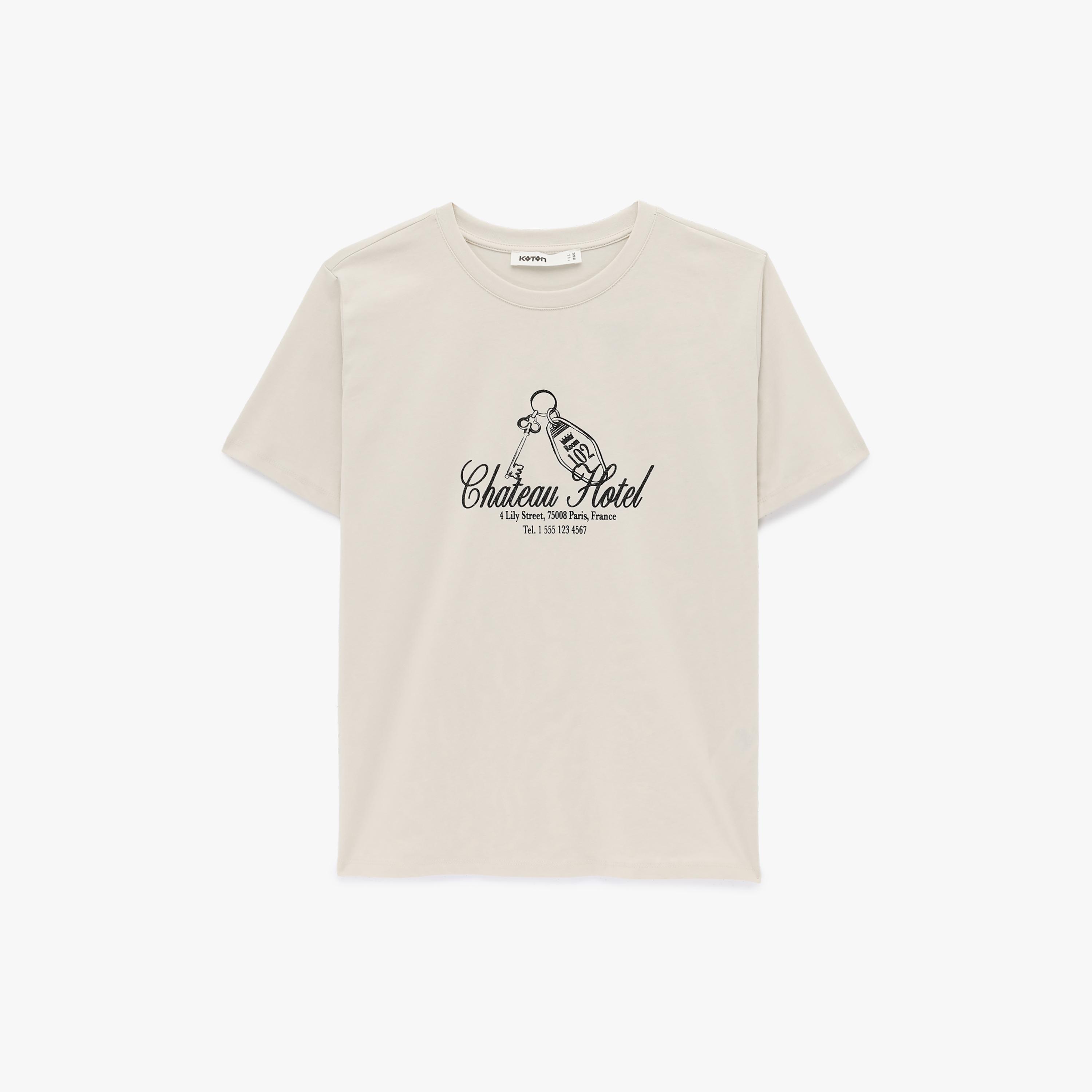 KOTON Beige Text-Print Cotton Women's T-Shirt-women-clothing-tshirts-image-3